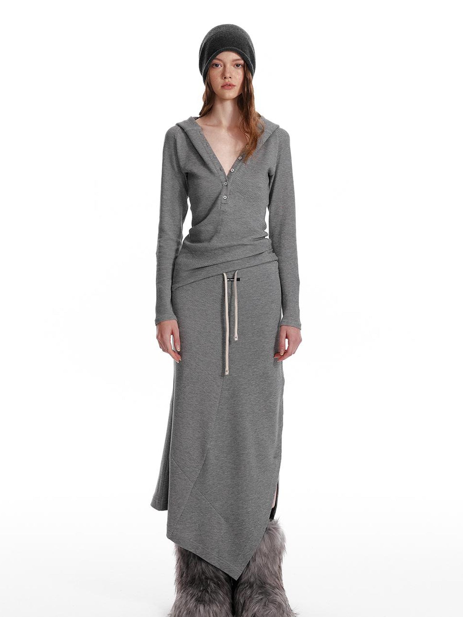 ALINNV STUDIO Wool Crewneck Hoodie Curved Hem Skirt Set