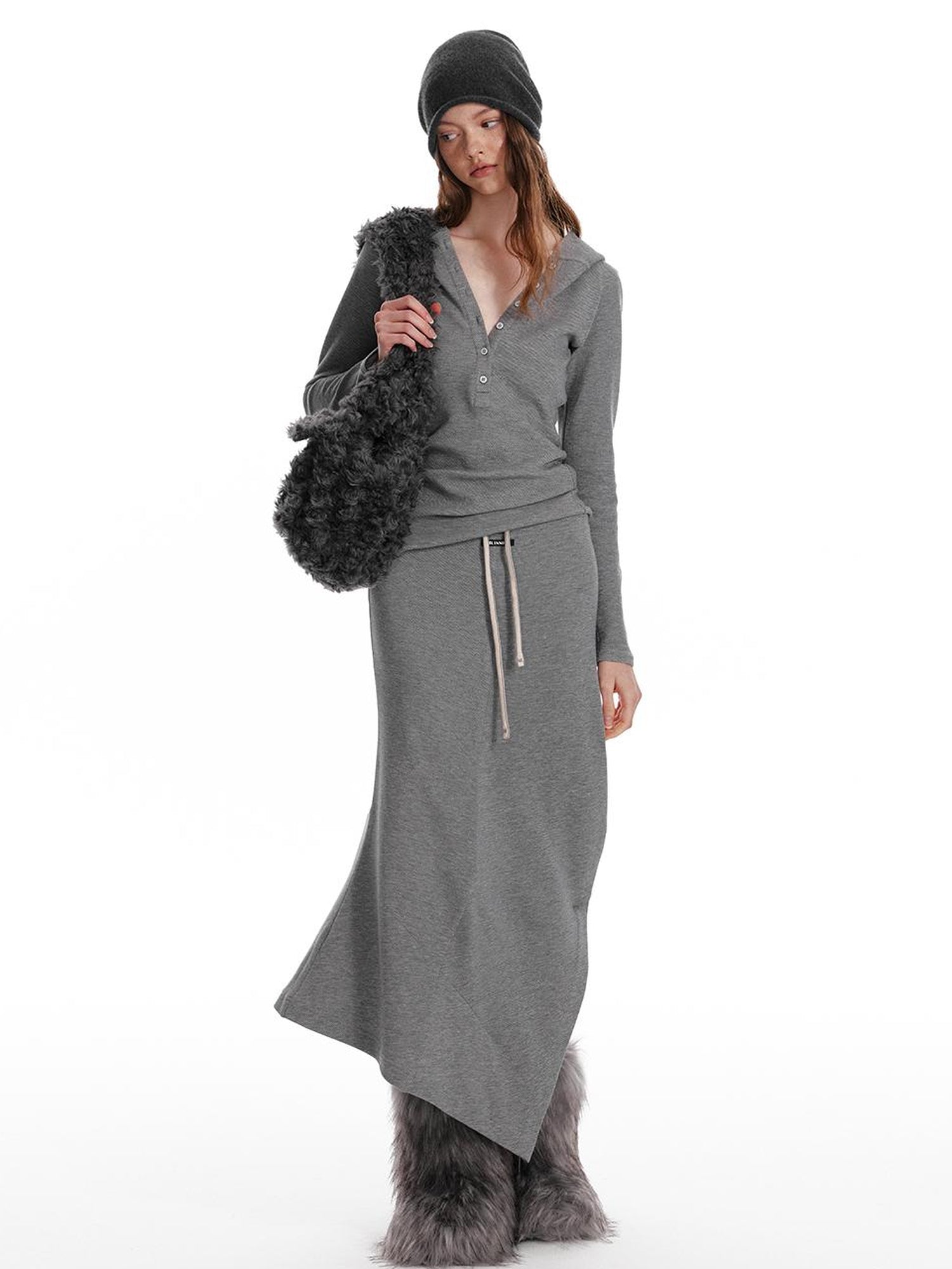 ALINNV STUDIO Wool Crewneck Hoodie Curved Hem Skirt Set