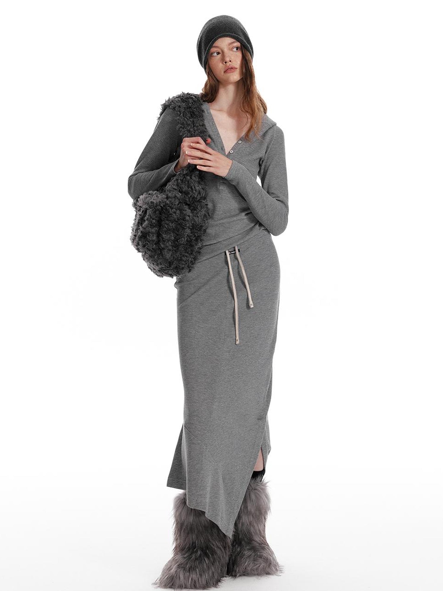 ALINNV STUDIO Wool Crewneck Hoodie Curved Hem Skirt Set