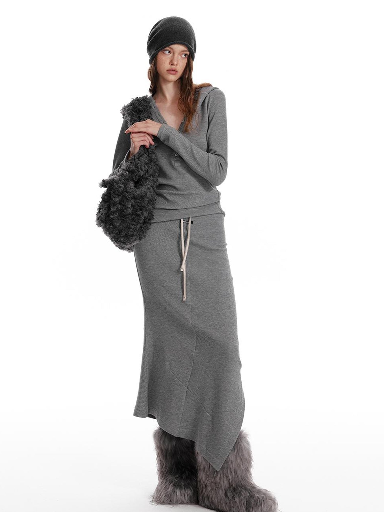 ALINNV STUDIO Wool Crewneck Hoodie Curved Hem Skirt Set