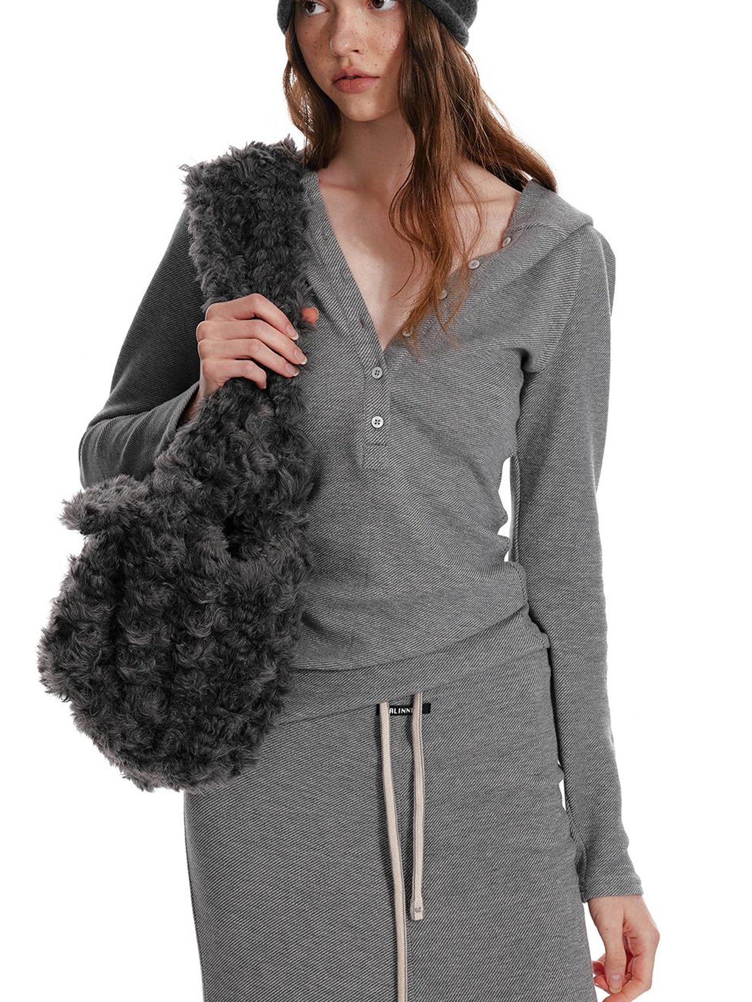 ALINNV STUDIO Wool Crewneck Hoodie Curved Hem Skirt Set