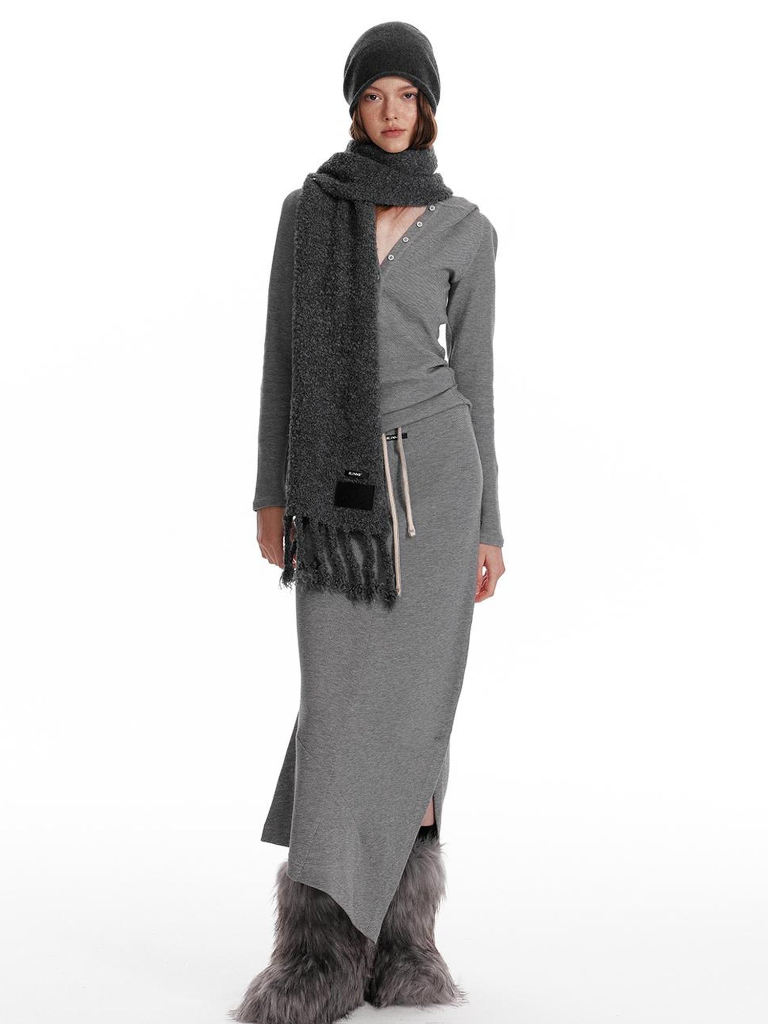 ALINNV STUDIO Wool Crewneck Hoodie Curved Hem Skirt Set