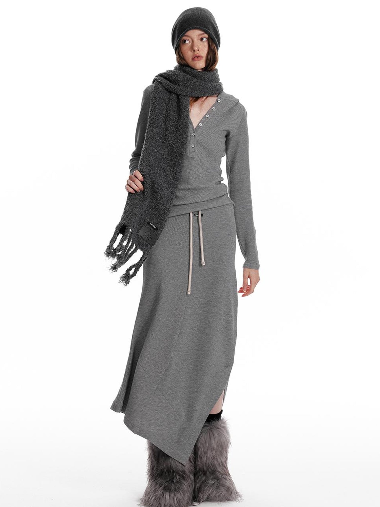 ALINNV STUDIO Wool Crewneck Hoodie Curved Hem Skirt Set