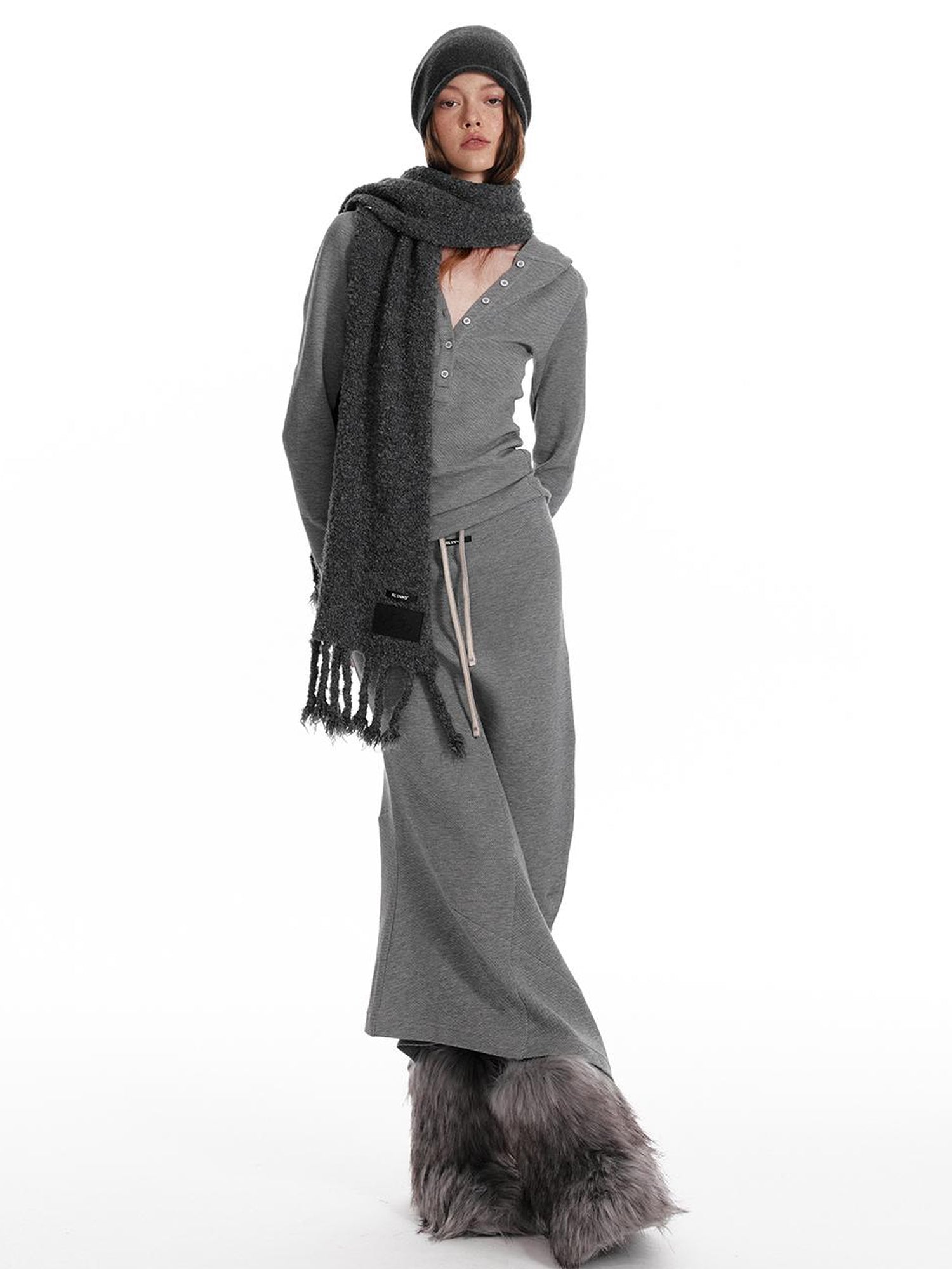 ALINNV STUDIO Wool Crewneck Hoodie Curved Hem Skirt Set