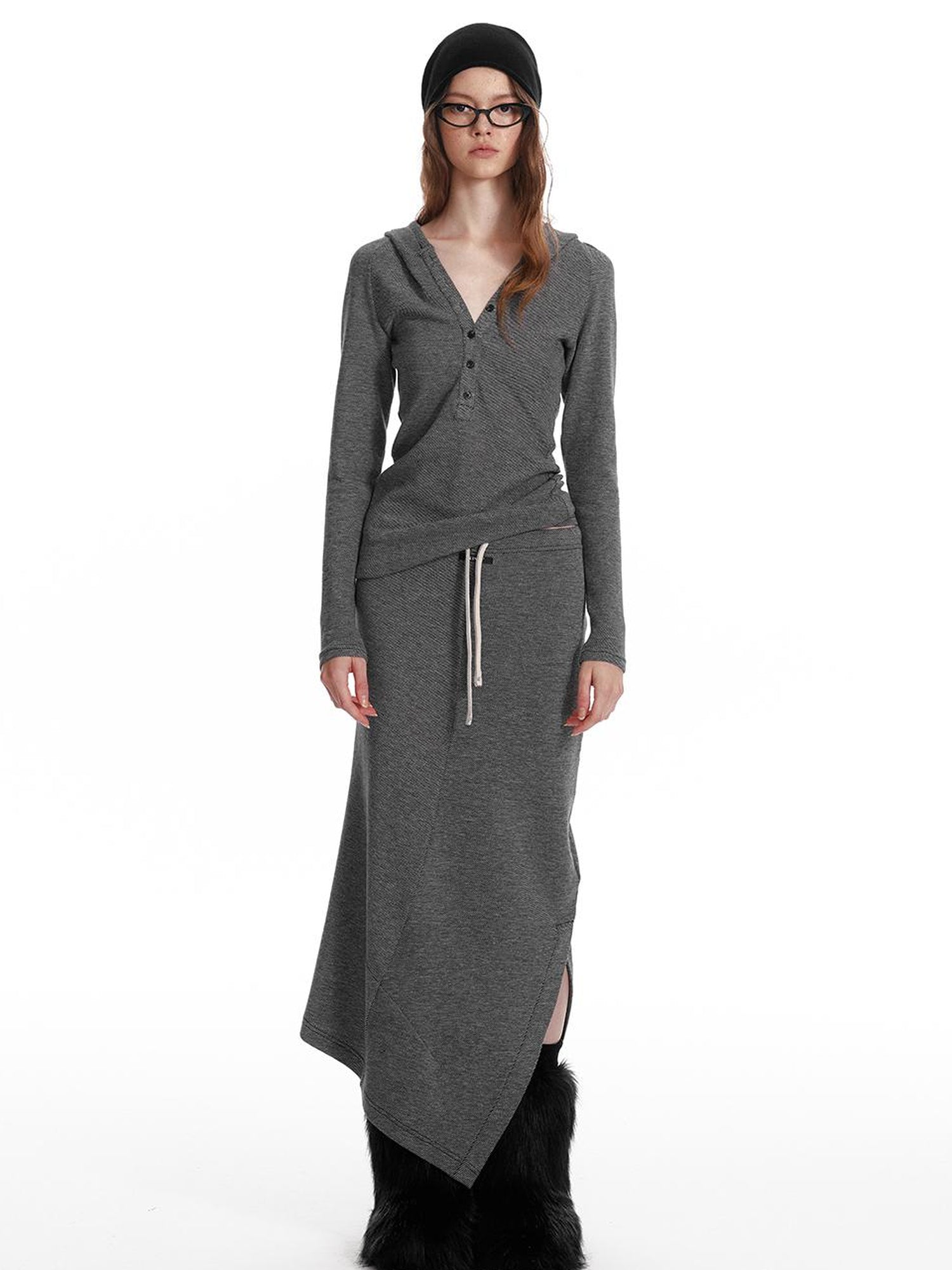 ALINNV STUDIO Wool Crewneck Hoodie Curved Hem Skirt Set