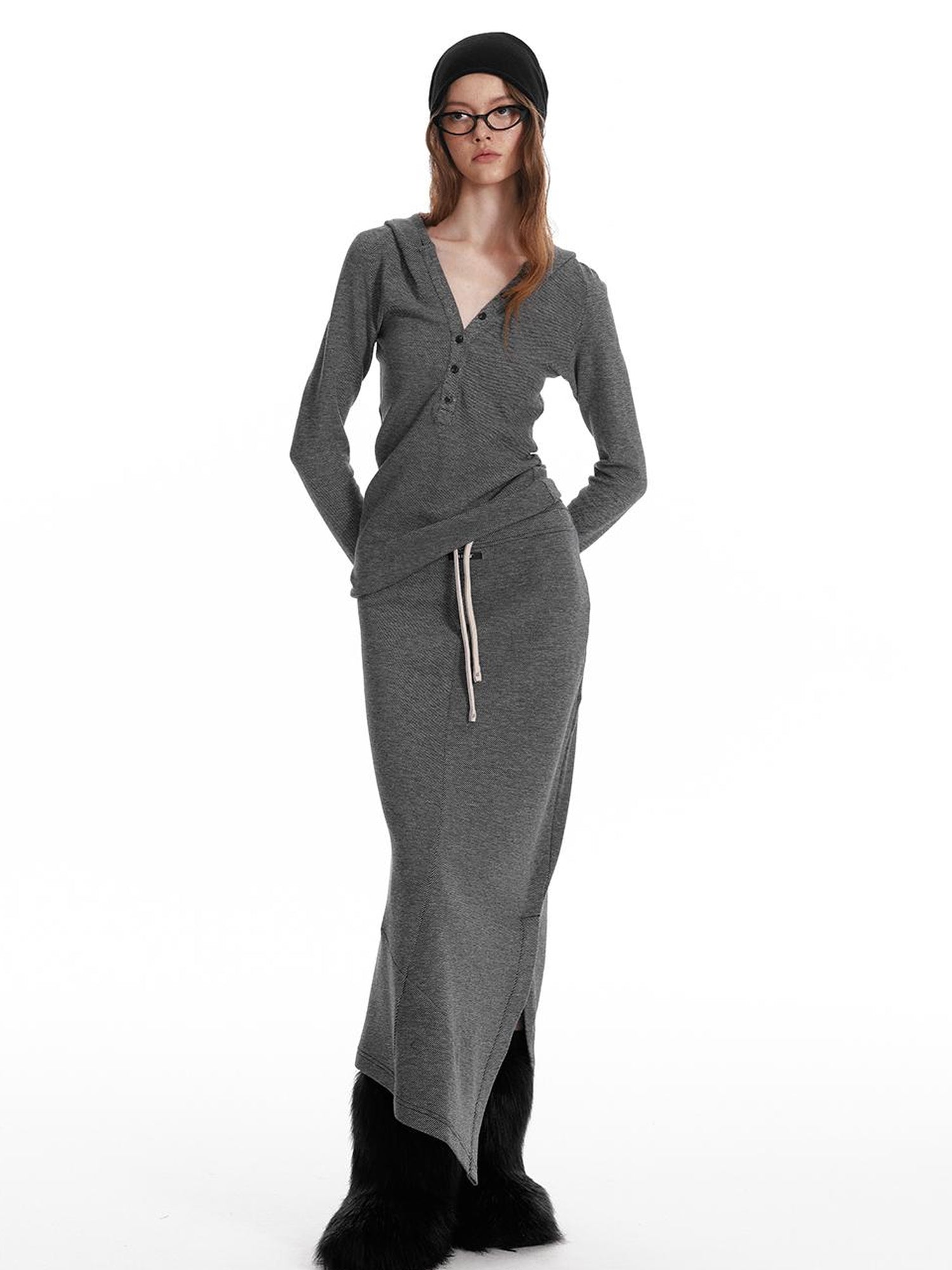 ALINNV STUDIO Wool Crewneck Hoodie Curved Hem Skirt Set