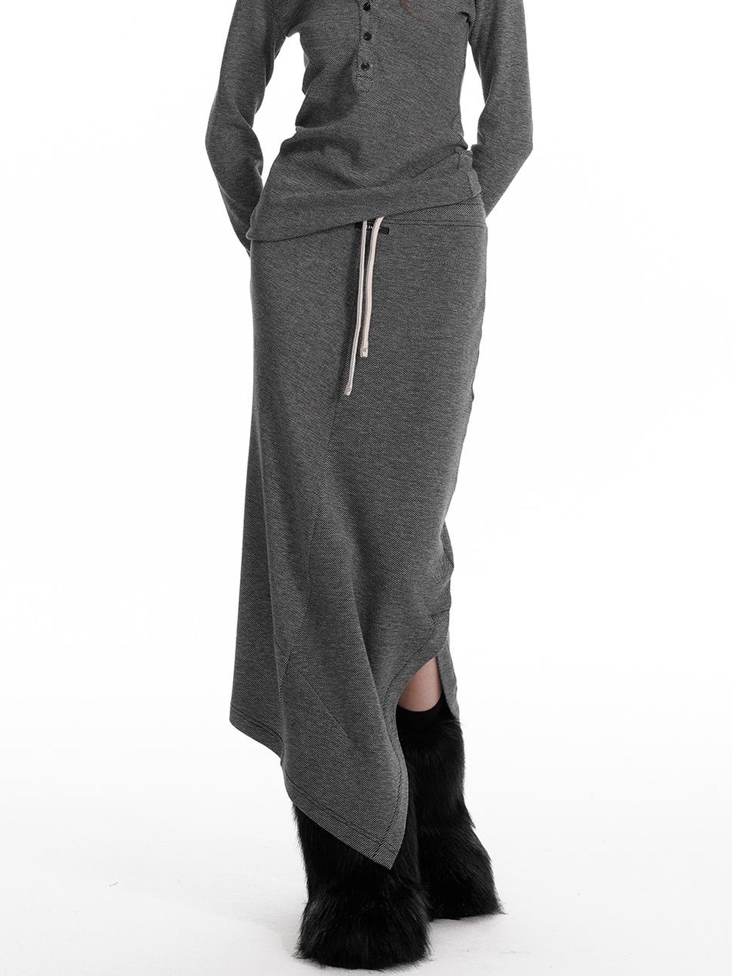 ALINNV STUDIO Wool Crewneck Hoodie Curved Hem Skirt Set