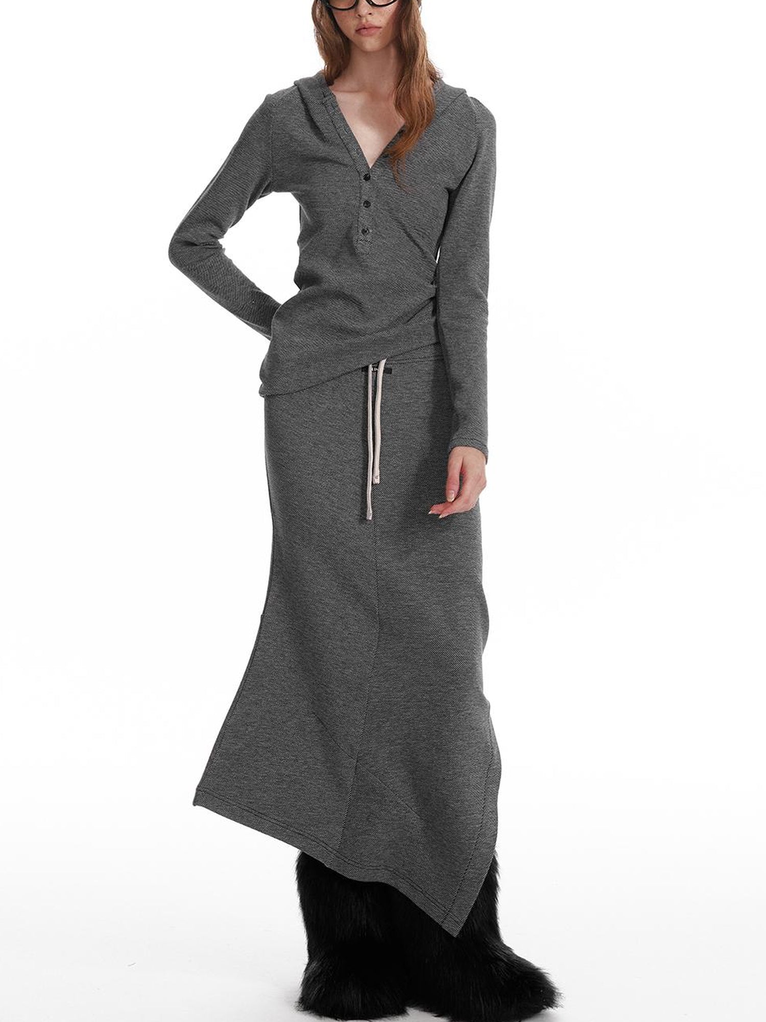 ALINNV STUDIO Wool Crewneck Hoodie Curved Hem Skirt Set