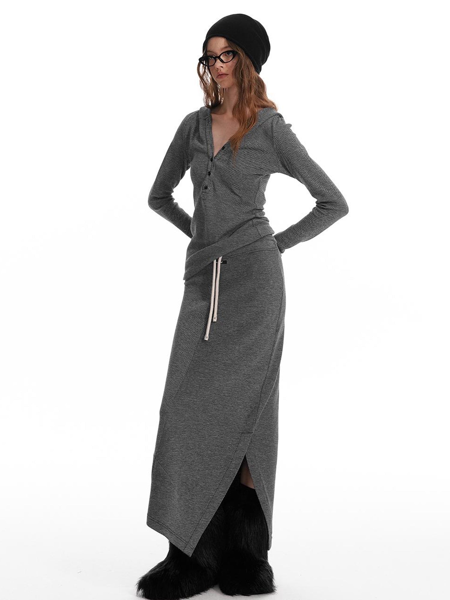 ALINNV STUDIO Wool Crewneck Hoodie Curved Hem Skirt Set