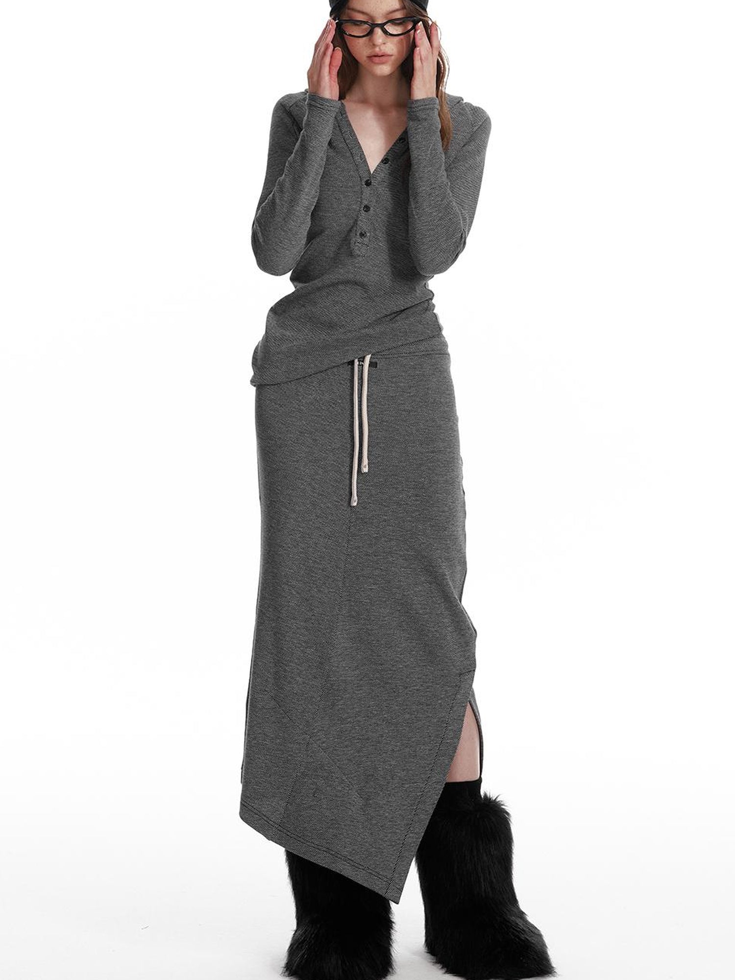 ALINNV STUDIO Wool Crewneck Hoodie Curved Hem Skirt Set