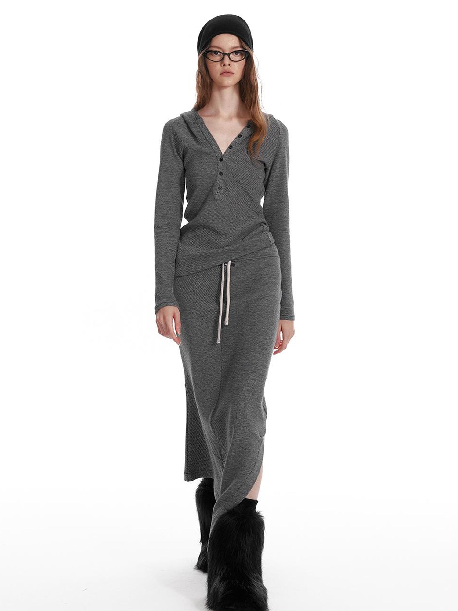 ALINNV STUDIO Wool Crewneck Hoodie Curved Hem Skirt Set