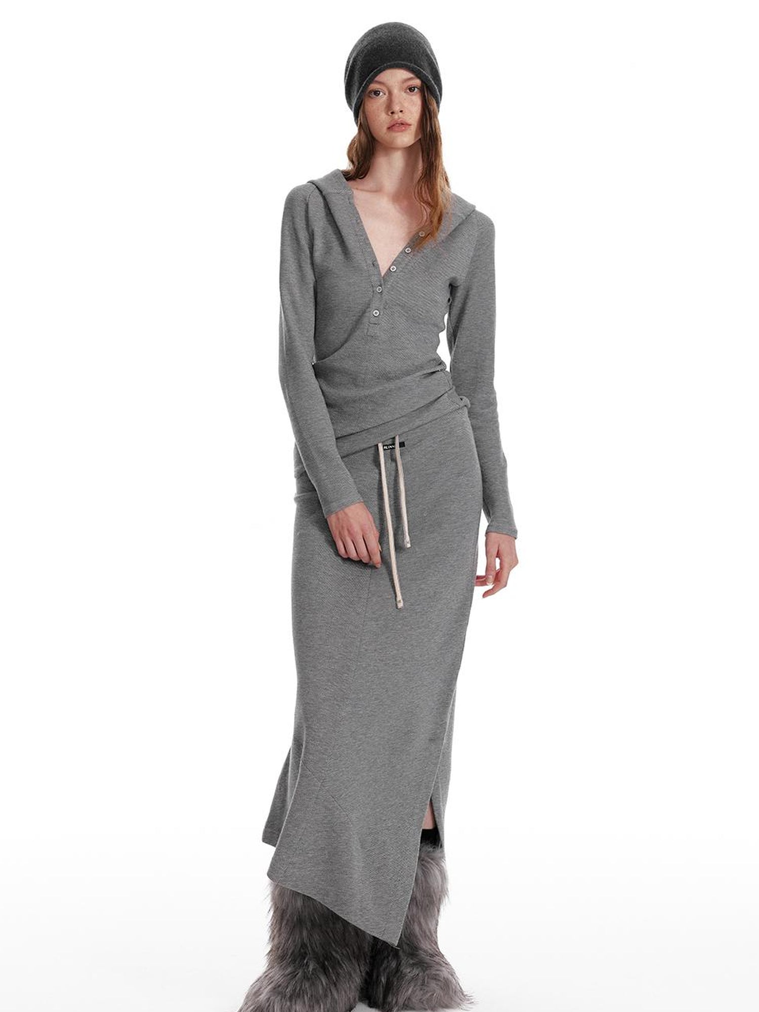 ALINNV STUDIO Wool Crewneck Hoodie Curved Hem Skirt Set