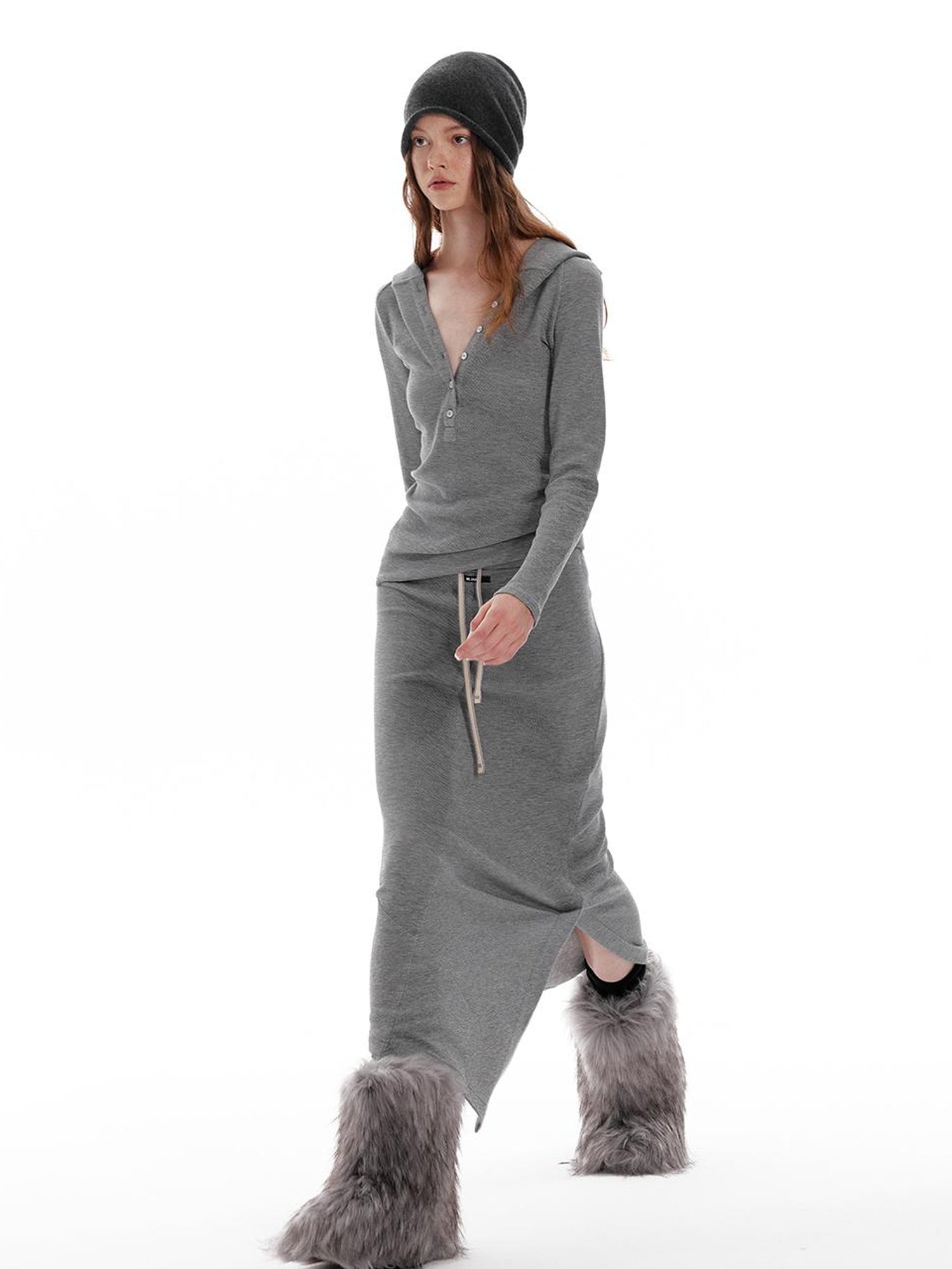 ALINNV STUDIO Wool Crewneck Hoodie Curved Hem Skirt Set