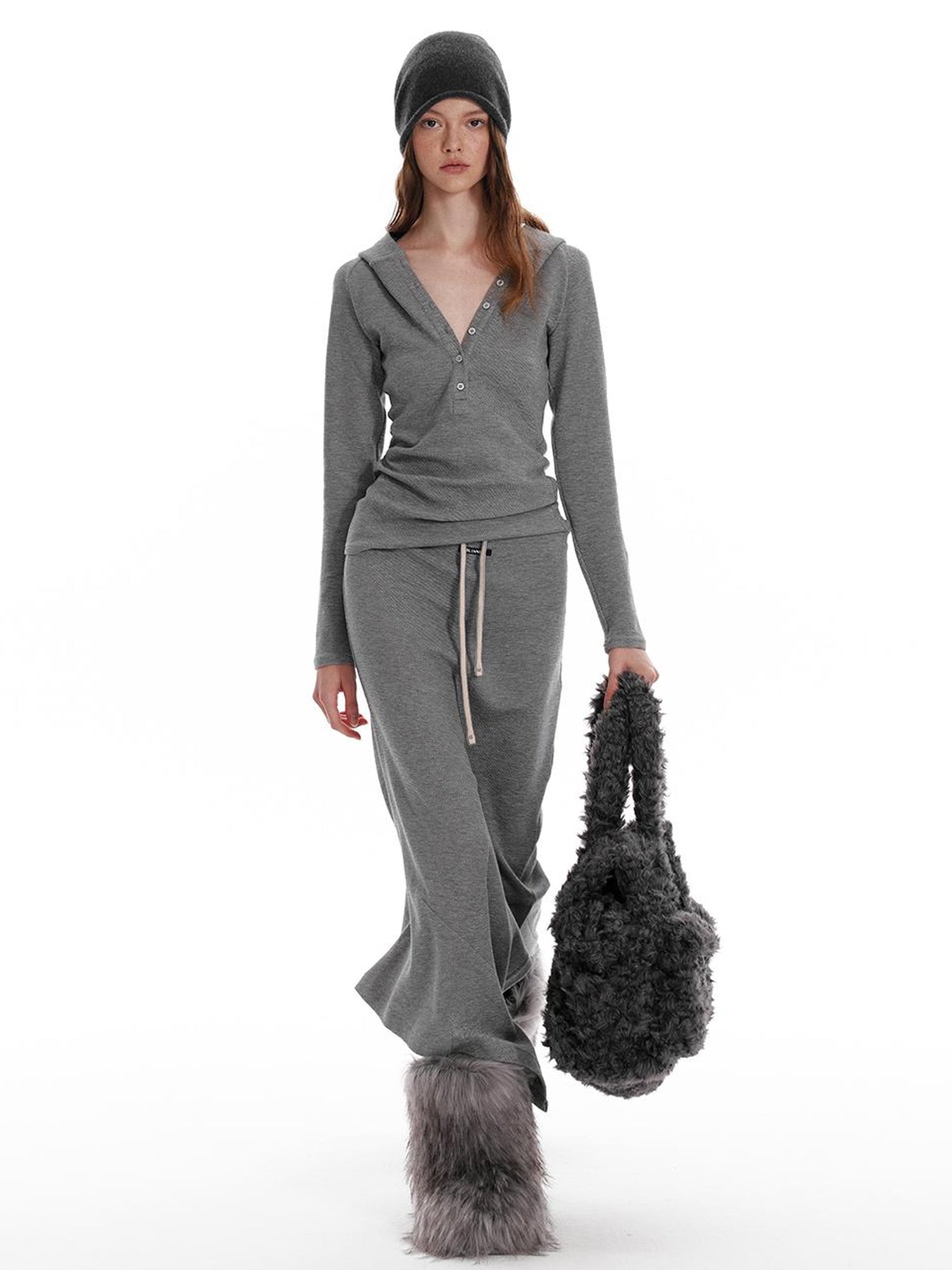 ALINNV STUDIO Wool Crewneck Hoodie Curved Hem Skirt Set