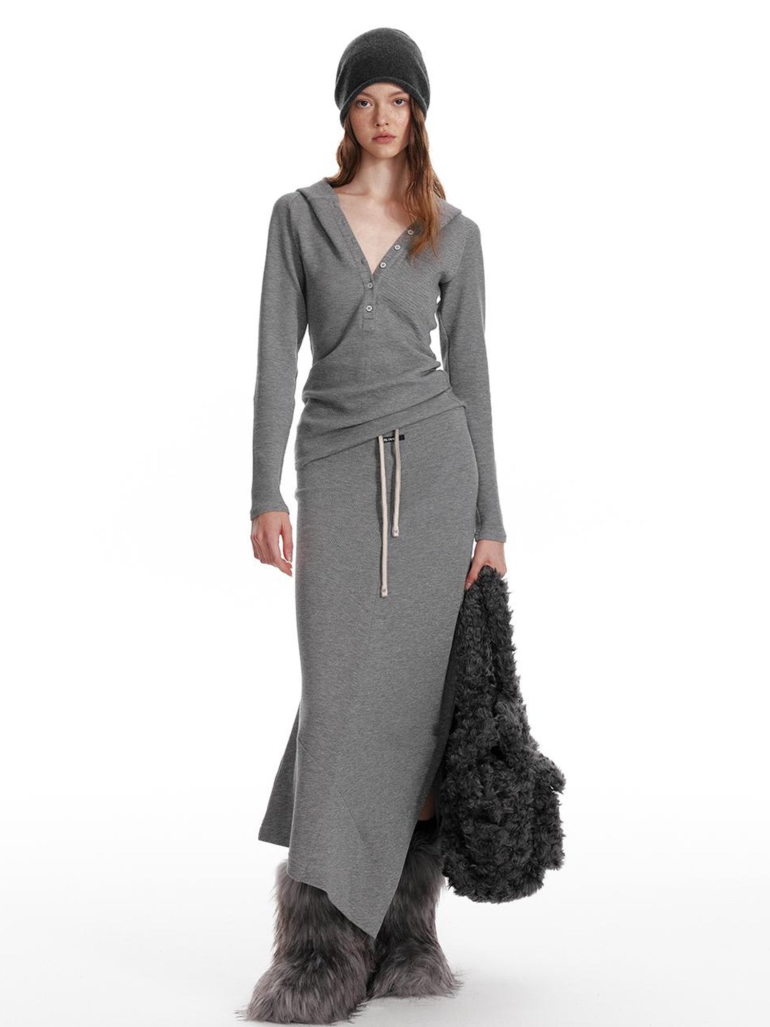 ALINNV STUDIO Wool Crewneck Hoodie Curved Hem Skirt Set