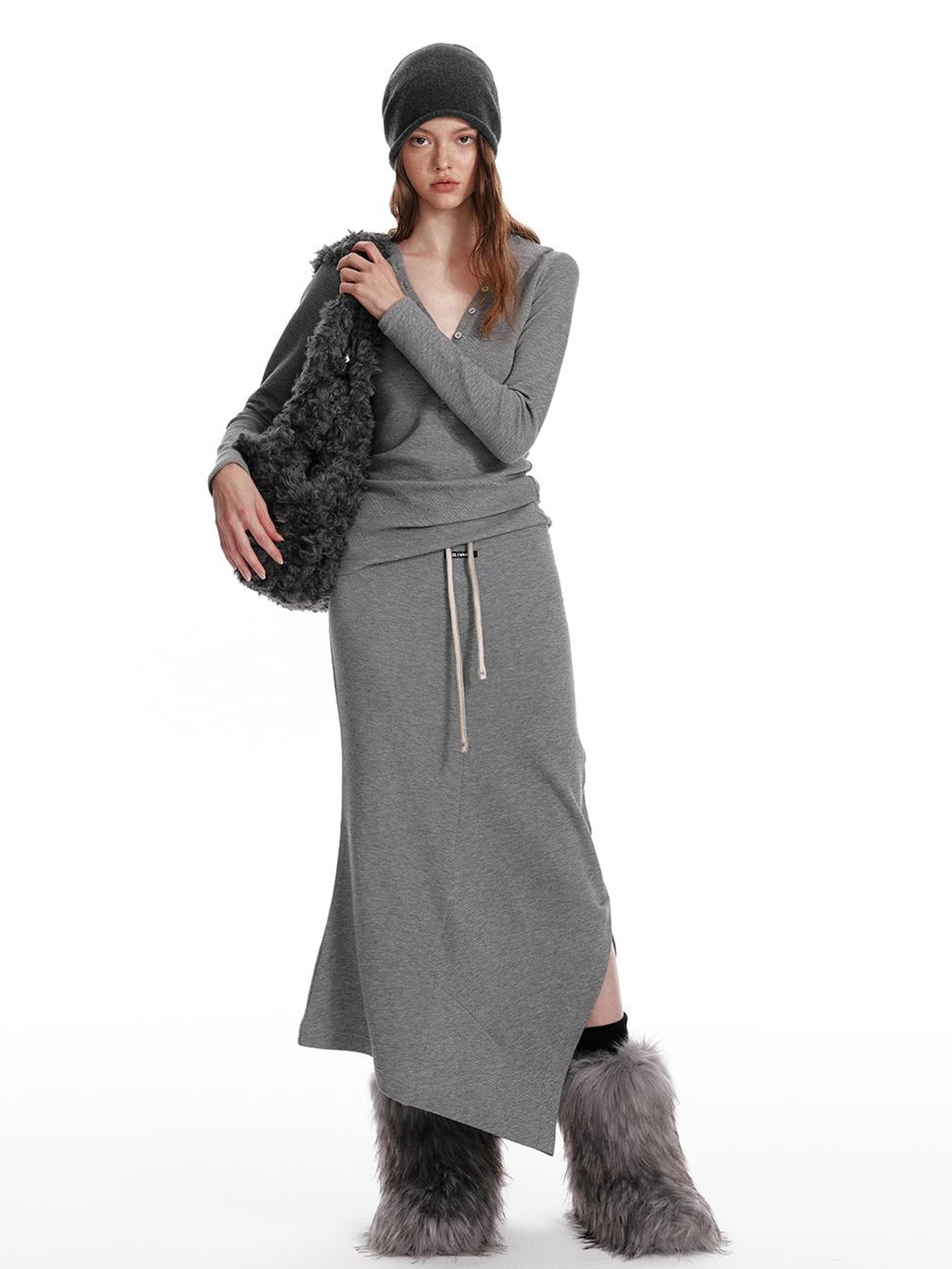 ALINNV STUDIO Wool Crewneck Hoodie Curved Hem Skirt Set