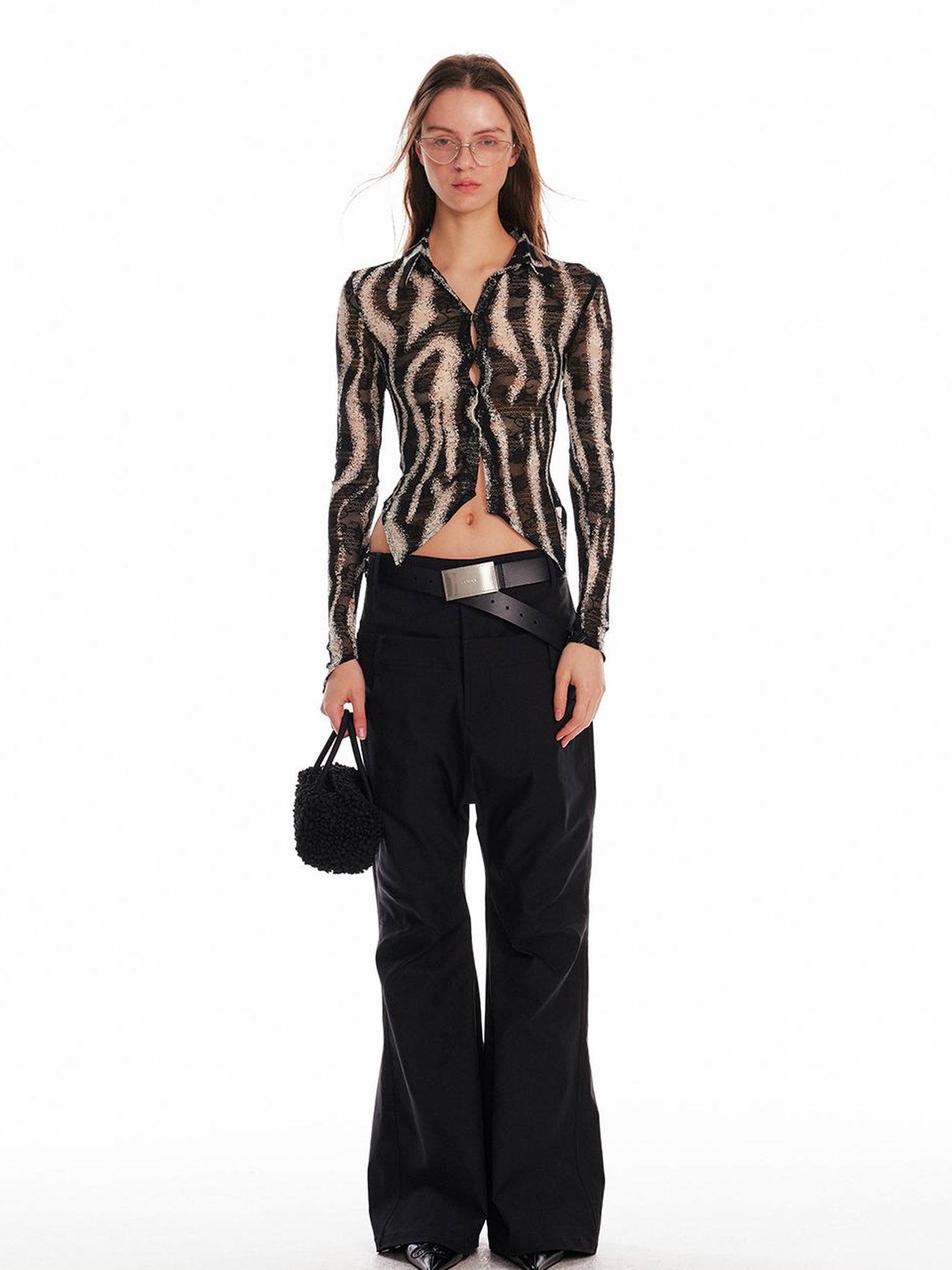 ALINNV STUDIO Zebra Print Stretch Fitted V Neck T Shirt Long Sleeve