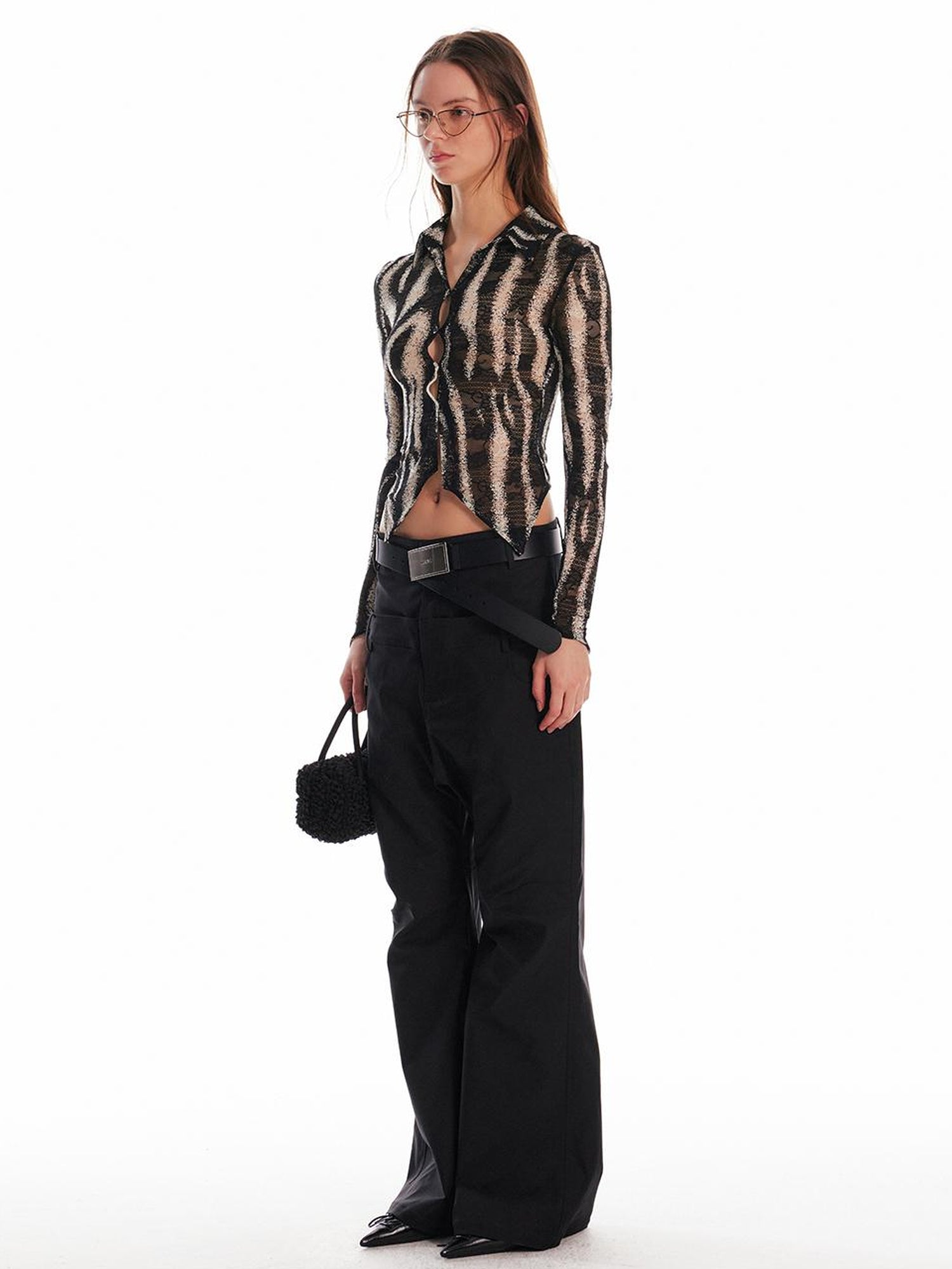 ALINNV STUDIO Zebra Print Stretch Fitted V Neck T Shirt Long Sleeve