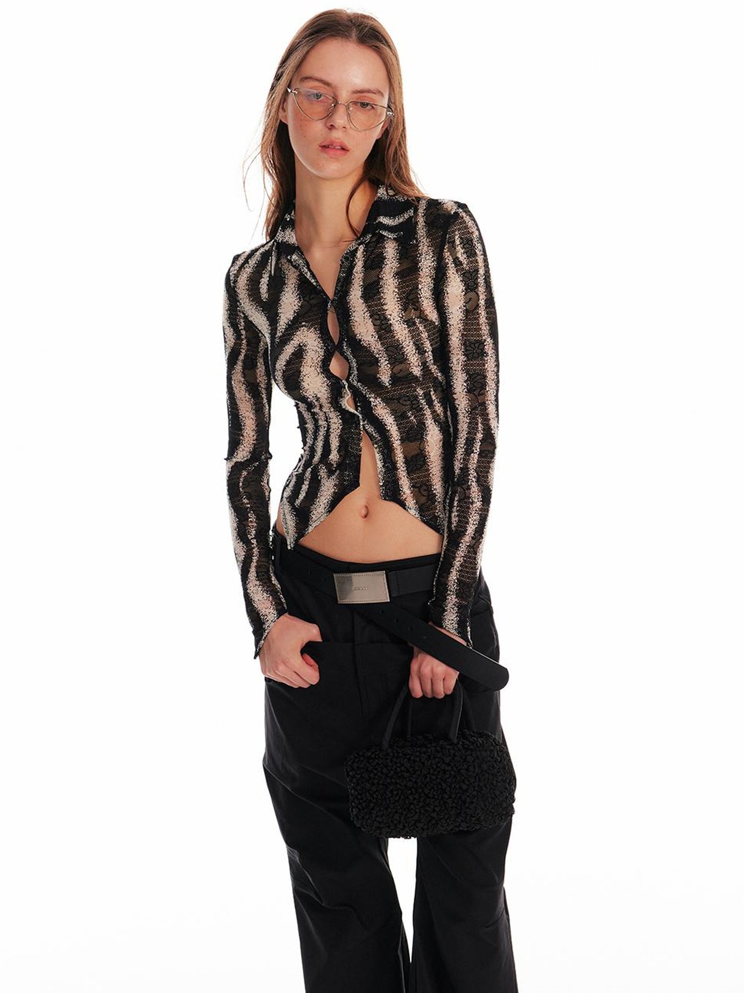 ALINNV STUDIO Zebra Print Stretch Fitted V Neck T Shirt Long Sleeve