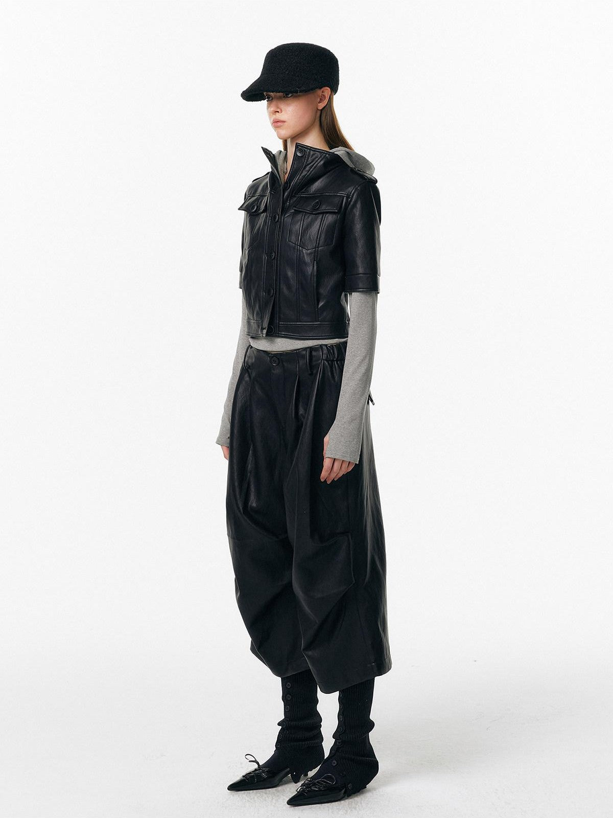 ALINNV Slim Short Sleeve Stand Collar Cropped Women&