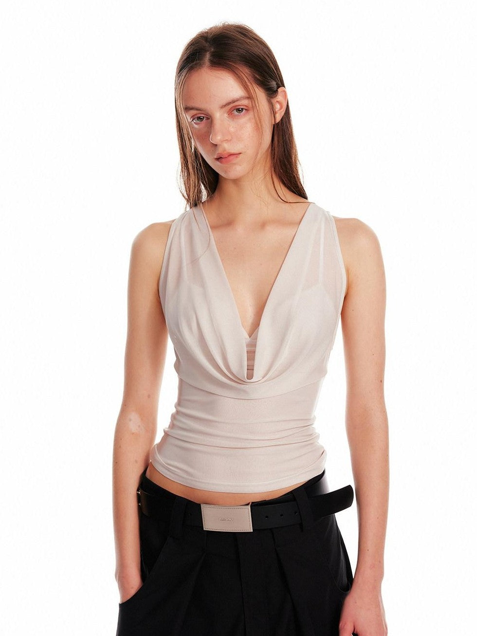 ALINNV Solid Asymmetrical Fitted Cowl Neck Women&