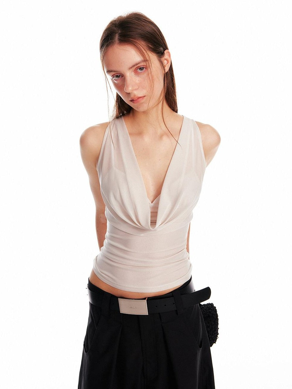 ALINNV Solid Asymmetrical Fitted Cowl Neck Women&