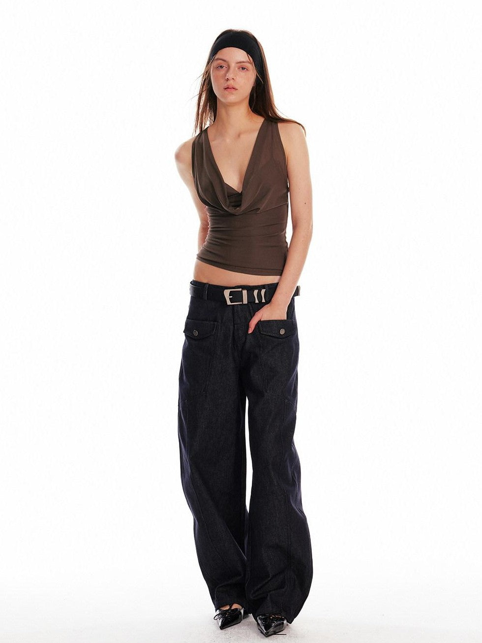 ALINNV Solid Asymmetrical Fitted Cowl Neck Women&