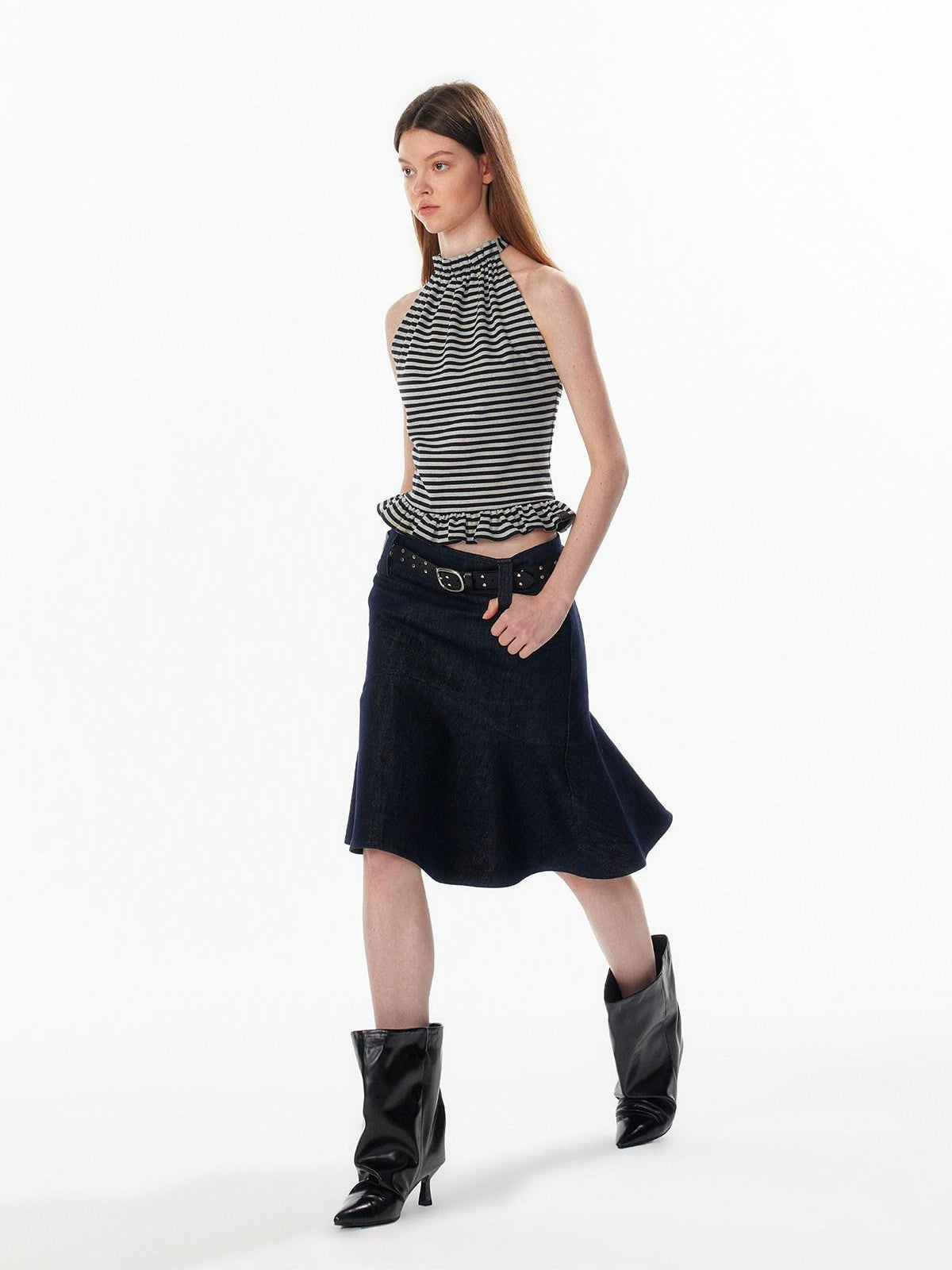 ALINNV Striped Ruffle Hem Backless Waist Women&