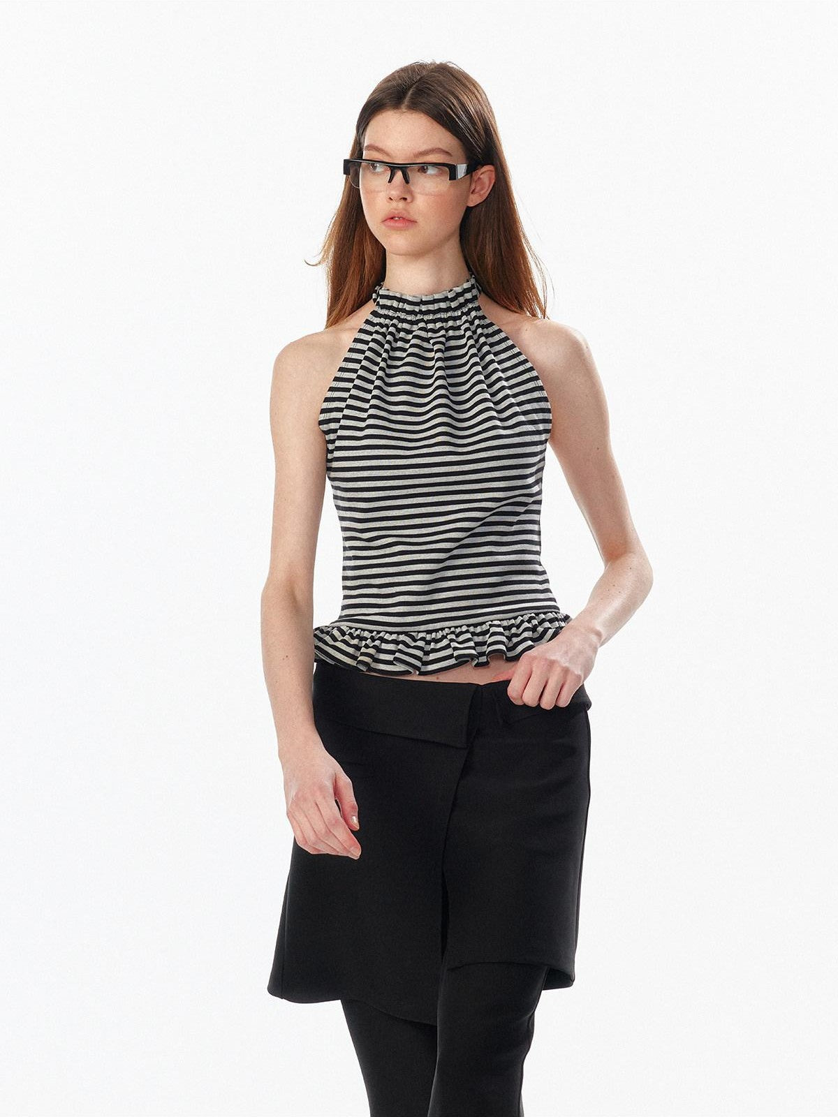 ALINNV Striped Ruffle Hem Backless Waist Women&