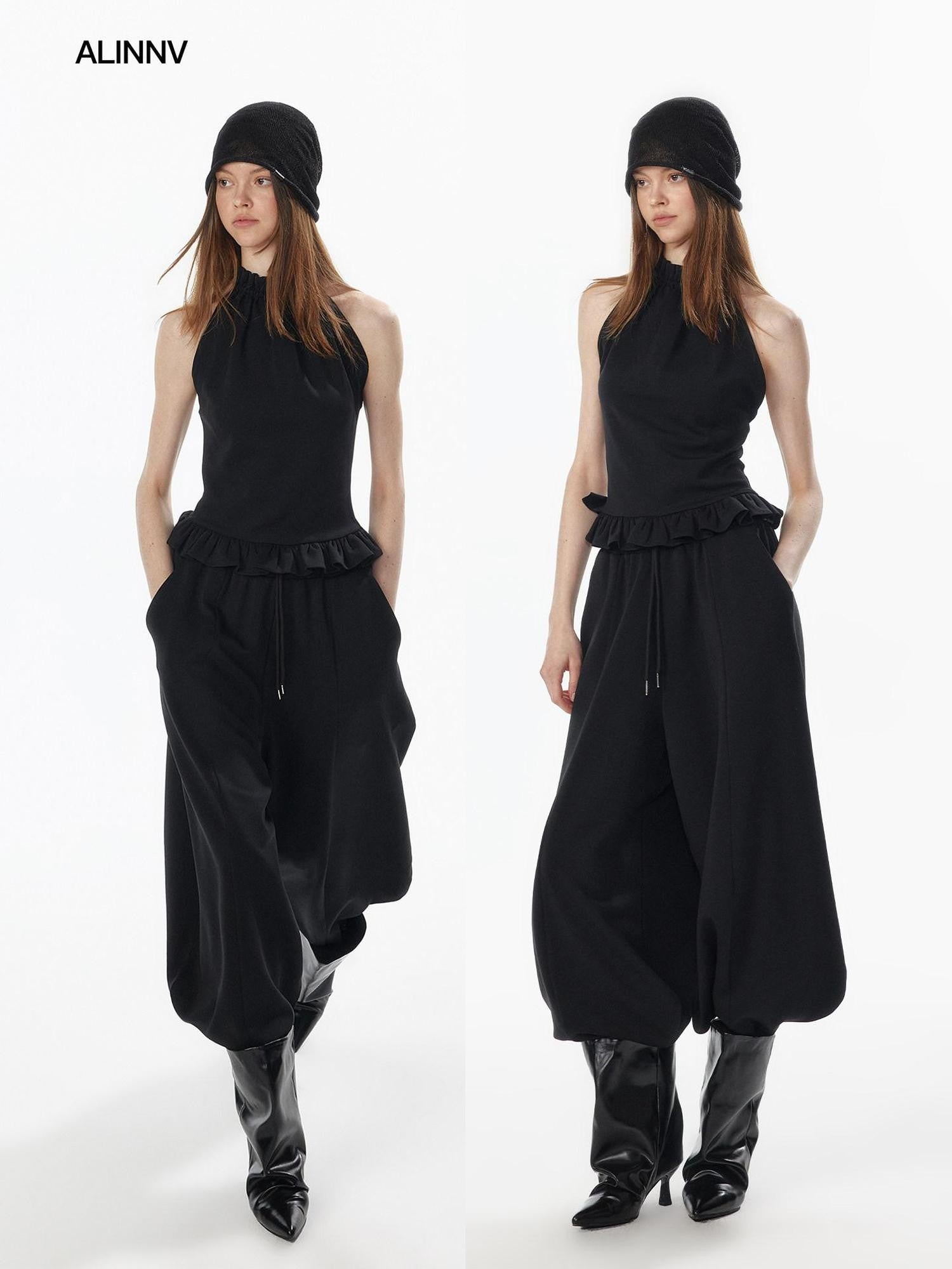 ALINNV Striped Ruffle Hem Backless Waist Women&