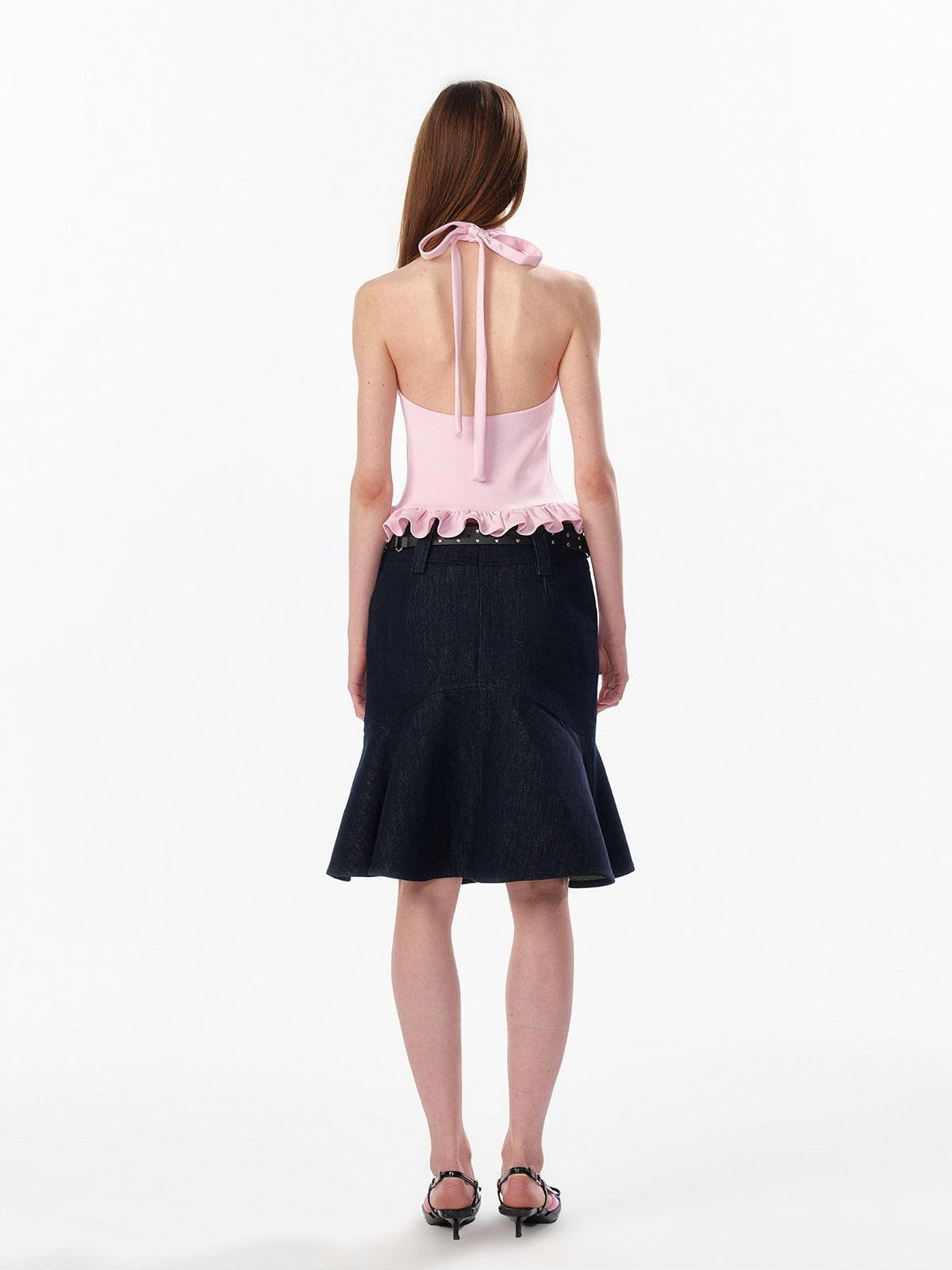 ALINNV Striped Ruffle Hem Backless Waist Women&