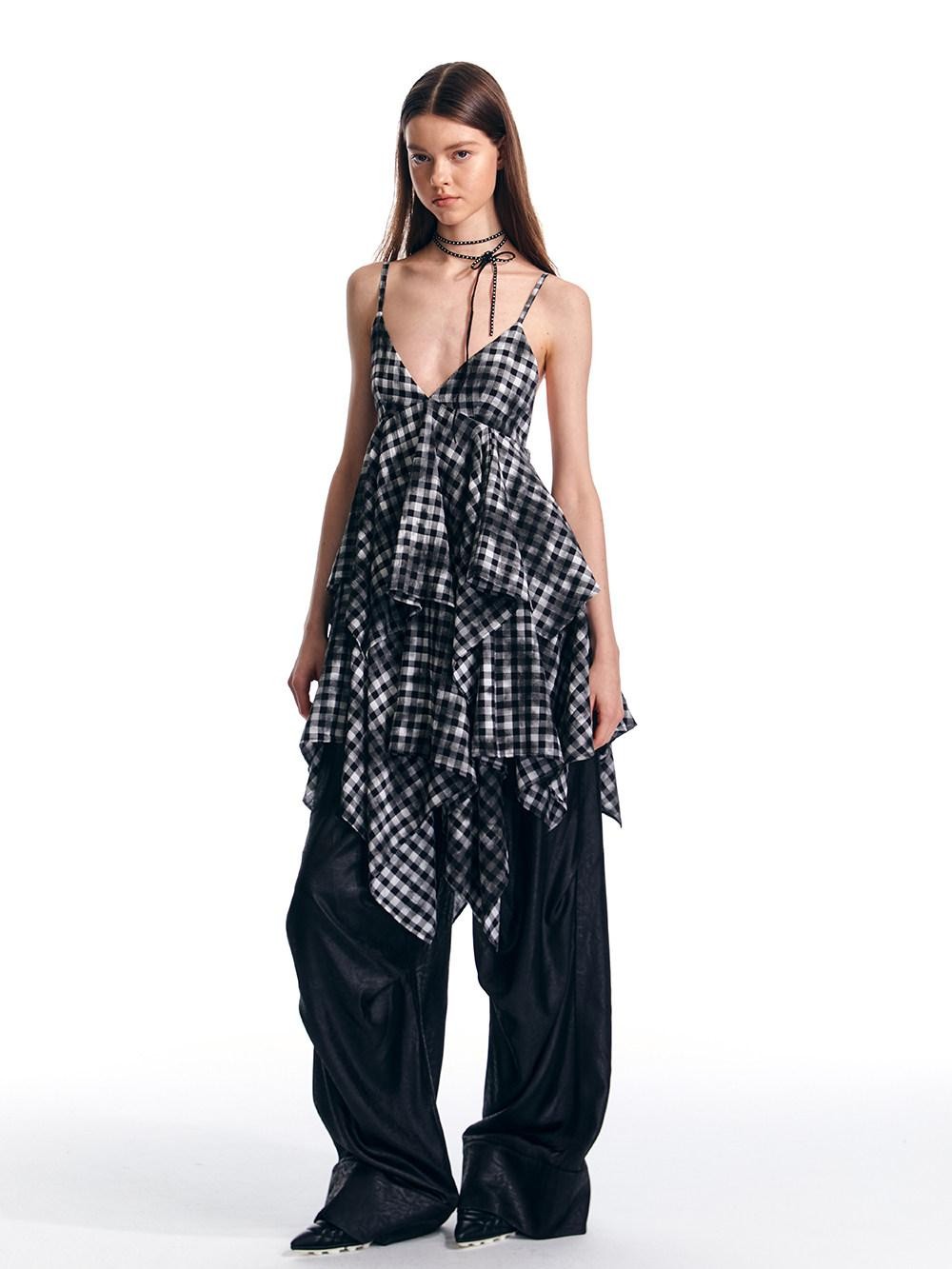 ALINNV Vintage Asymmetrical Double Layer Plaid Women&