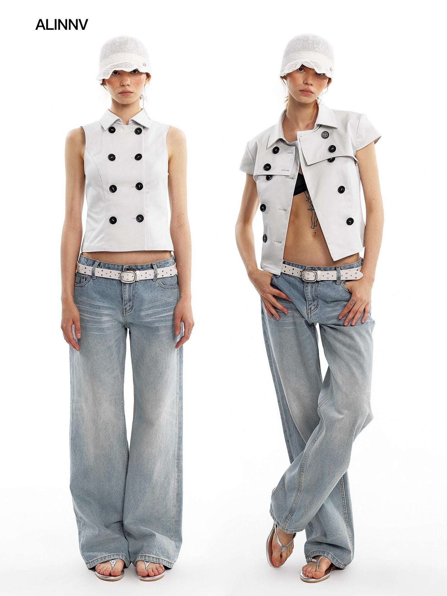 ALINNV Vintage Double Breasted Lapel Short Women&