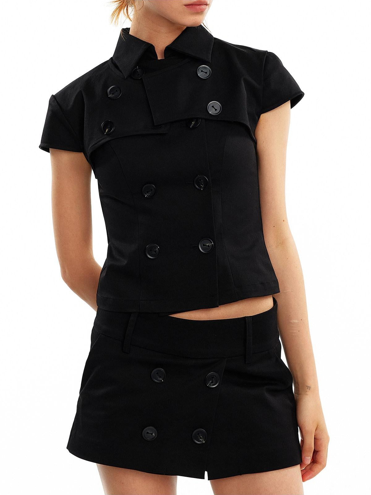 ALINNV Vintage Double Breasted Lapel Short Women&