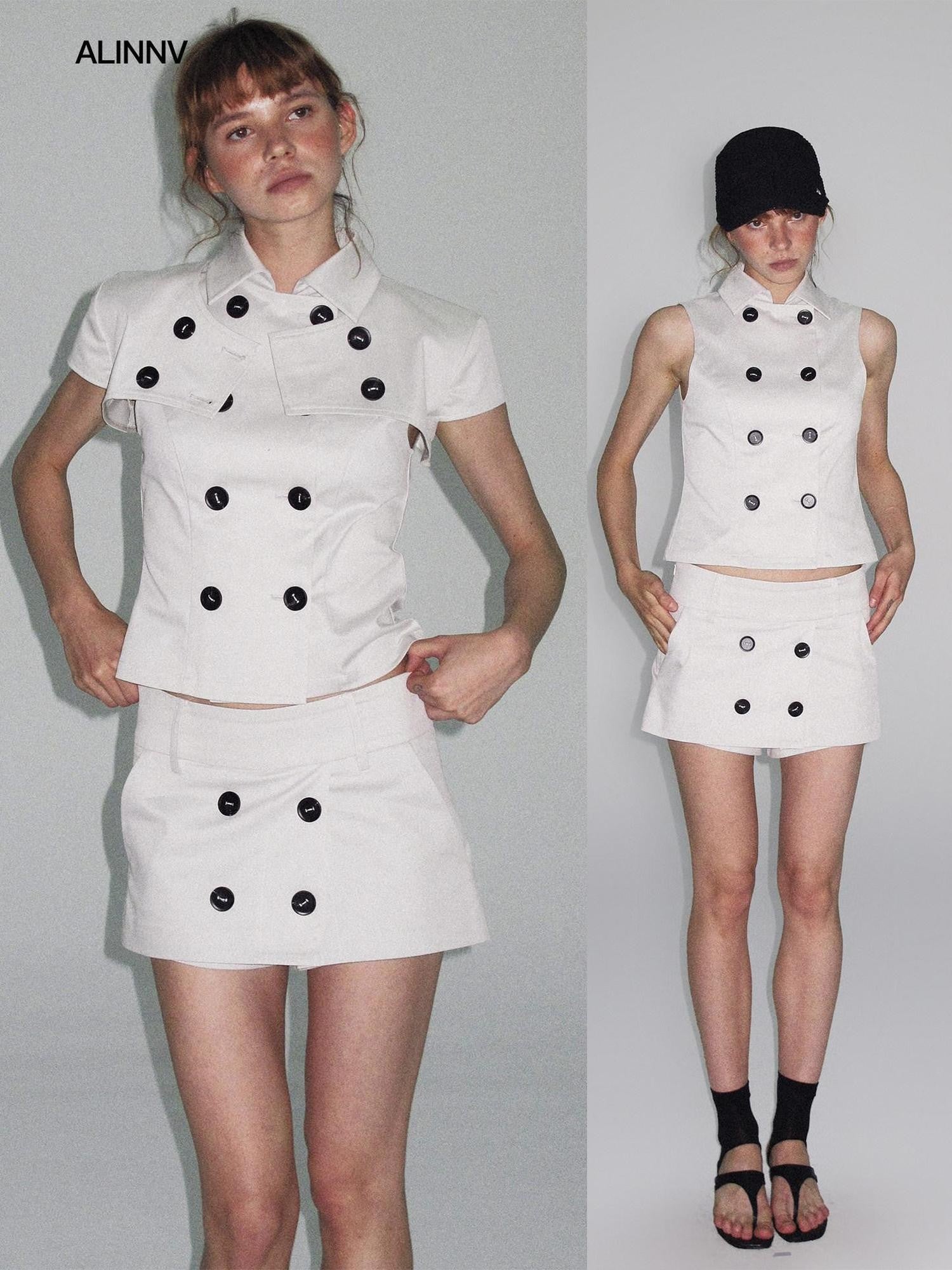 ALINNV Vintage Double Breasted Lapel Short Women&