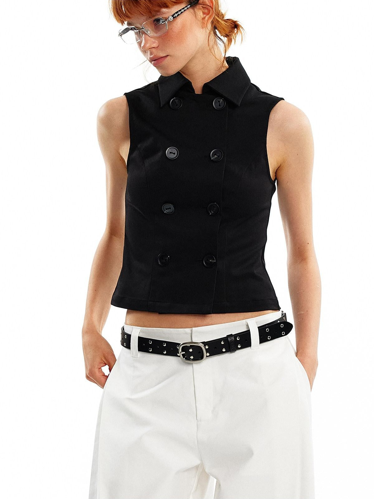 ALINNV Vintage Double Breasted Lapel Short Women&