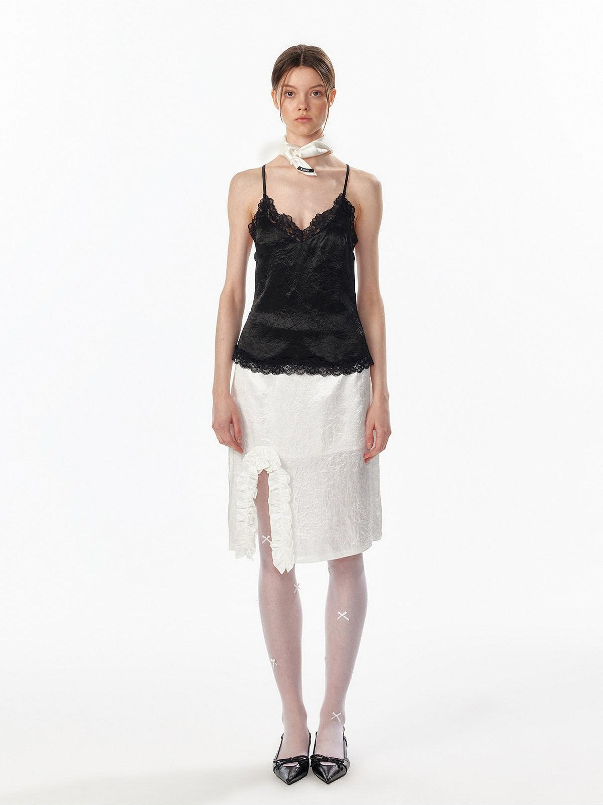 ALINNV White Lace Ruffle Hem Lined Women&