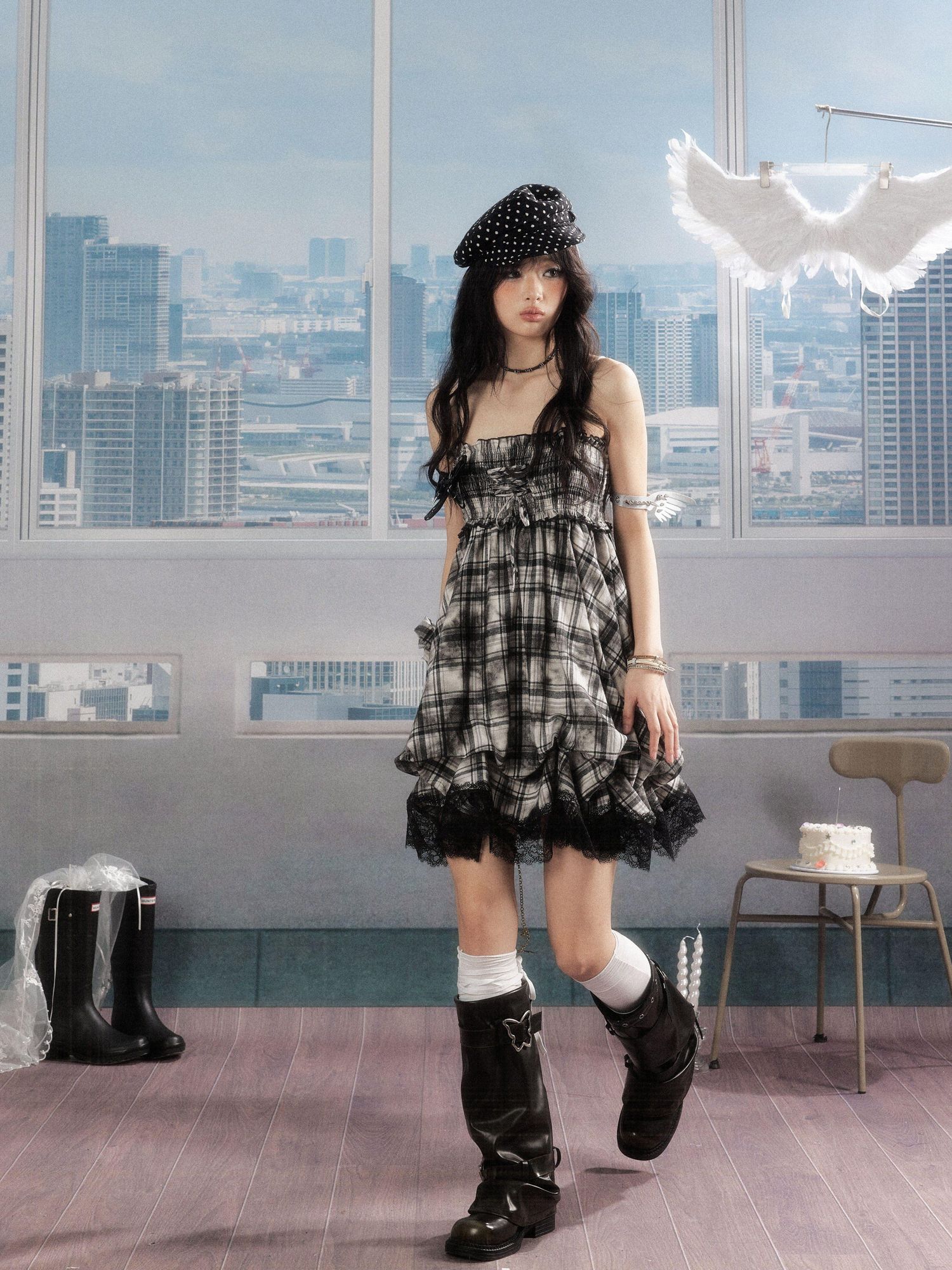 ALL iN plan 100% Cotton Tie Dye Pleated Puff Sleeveless Japanese Black Slip Midi Dresses