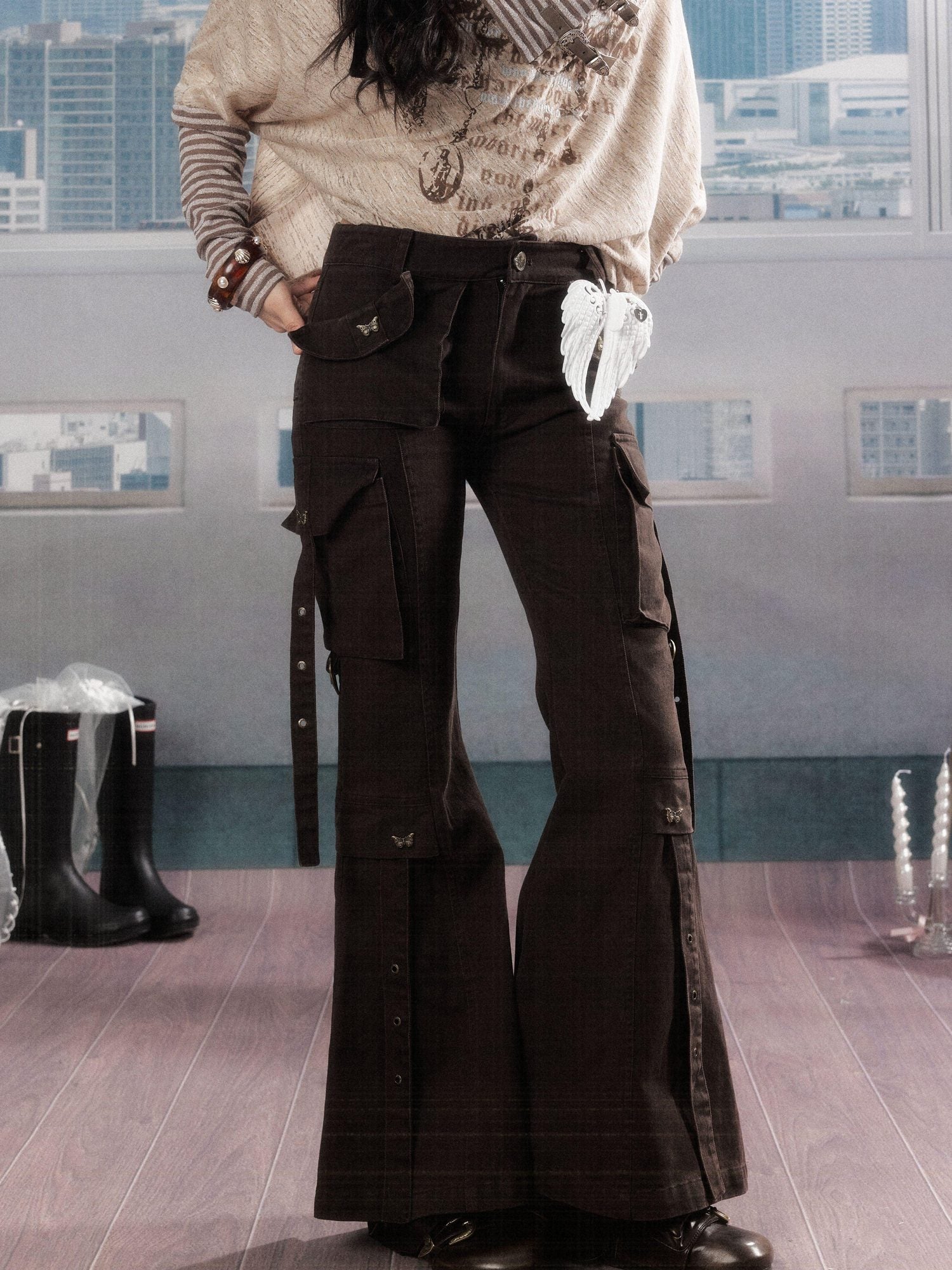 ALL iN plan 100 Percent Cotton Printed Slim Natural Waist Pockets Button Fly Flare Pants