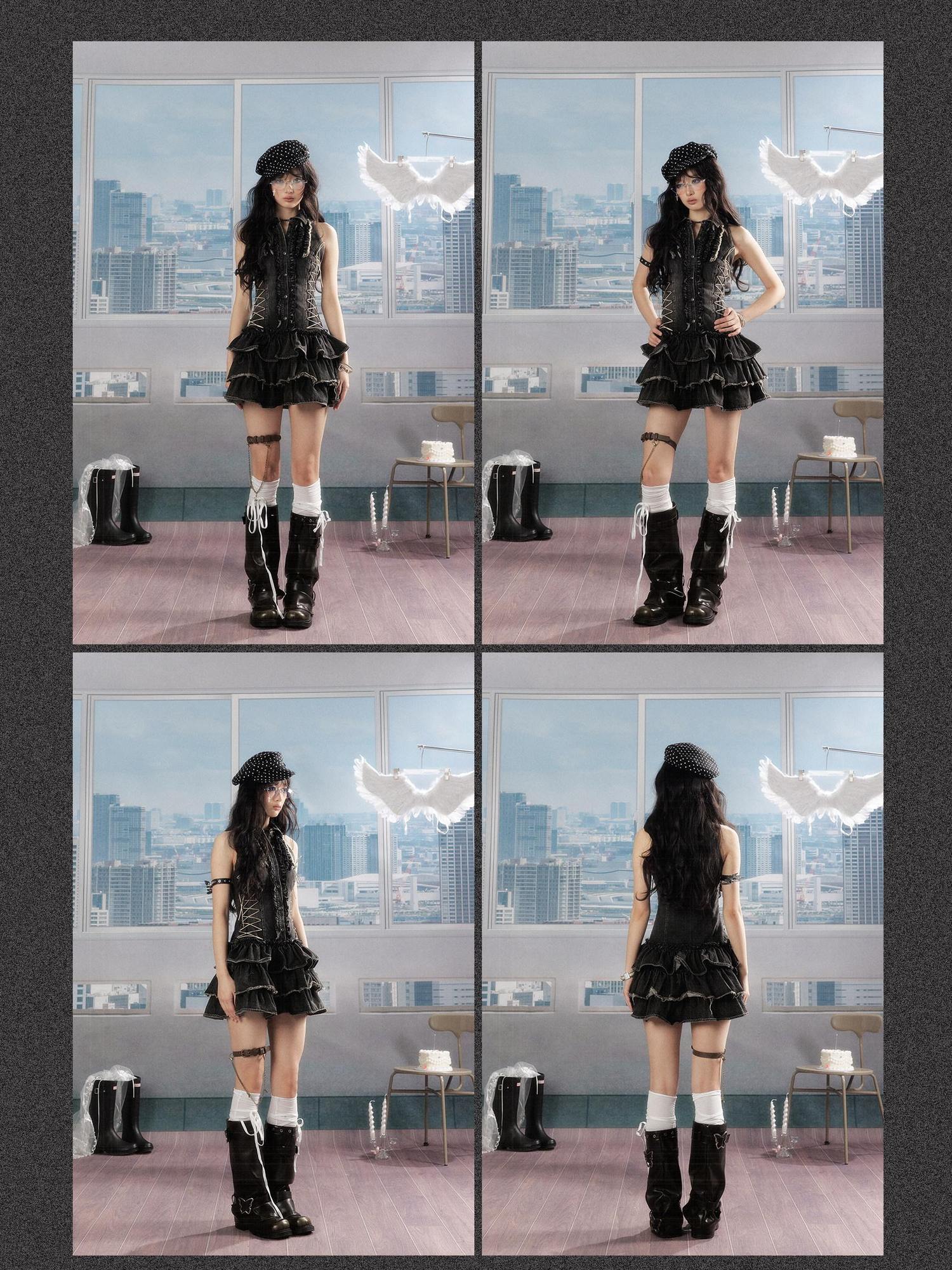 ALL iN plan 100 Percent Cotton Sleeveless Slim Fit Puff Skirt Black Casual Mini Dresses