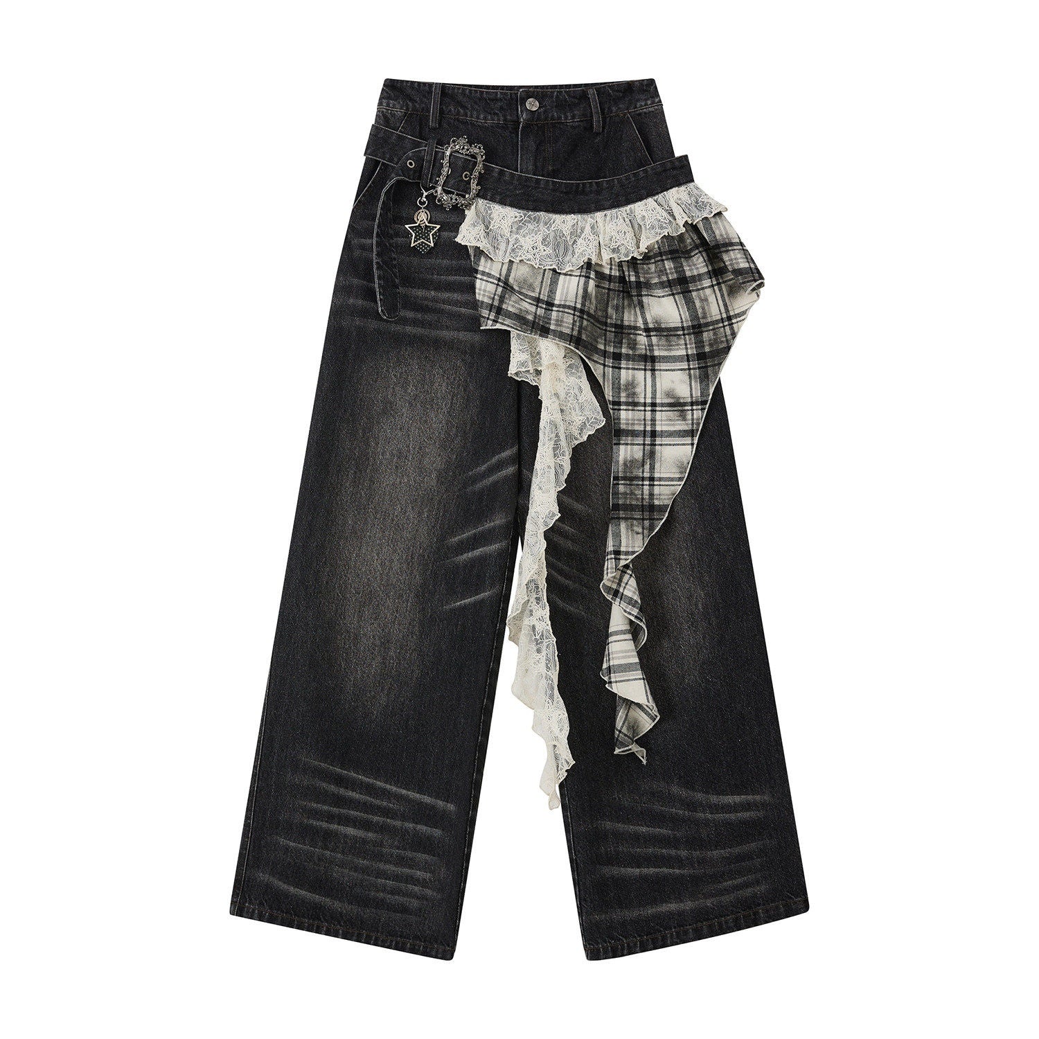 ALL iN plan 3D Embellished Casual Natural Waist Washed Denim Black Stretch Wide-Leg Jeans