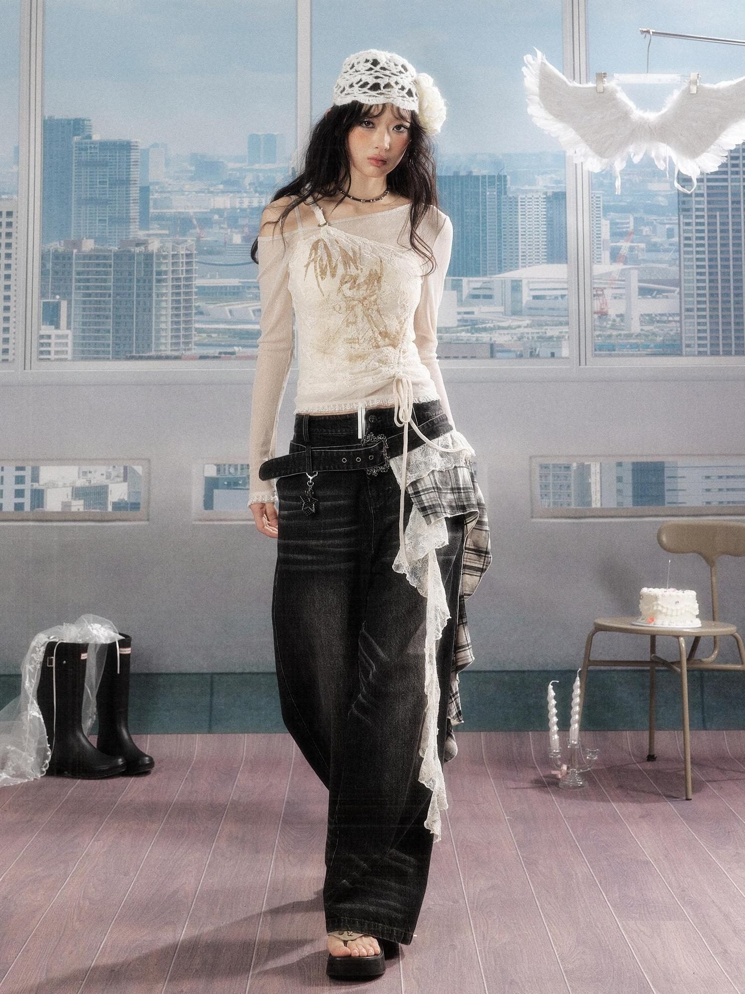 ALL iN plan 3D Embellished Casual Natural Waist Washed Denim Black Stretch Wide-Leg Jeans