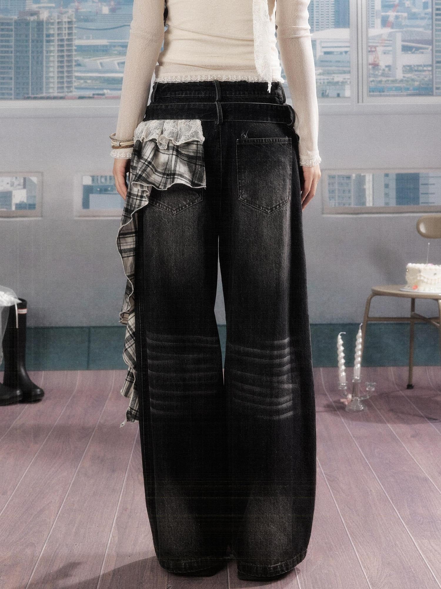 ALL iN plan 3D Embellished Casual Natural Waist Washed Denim Black Stretch Wide-Leg Jeans