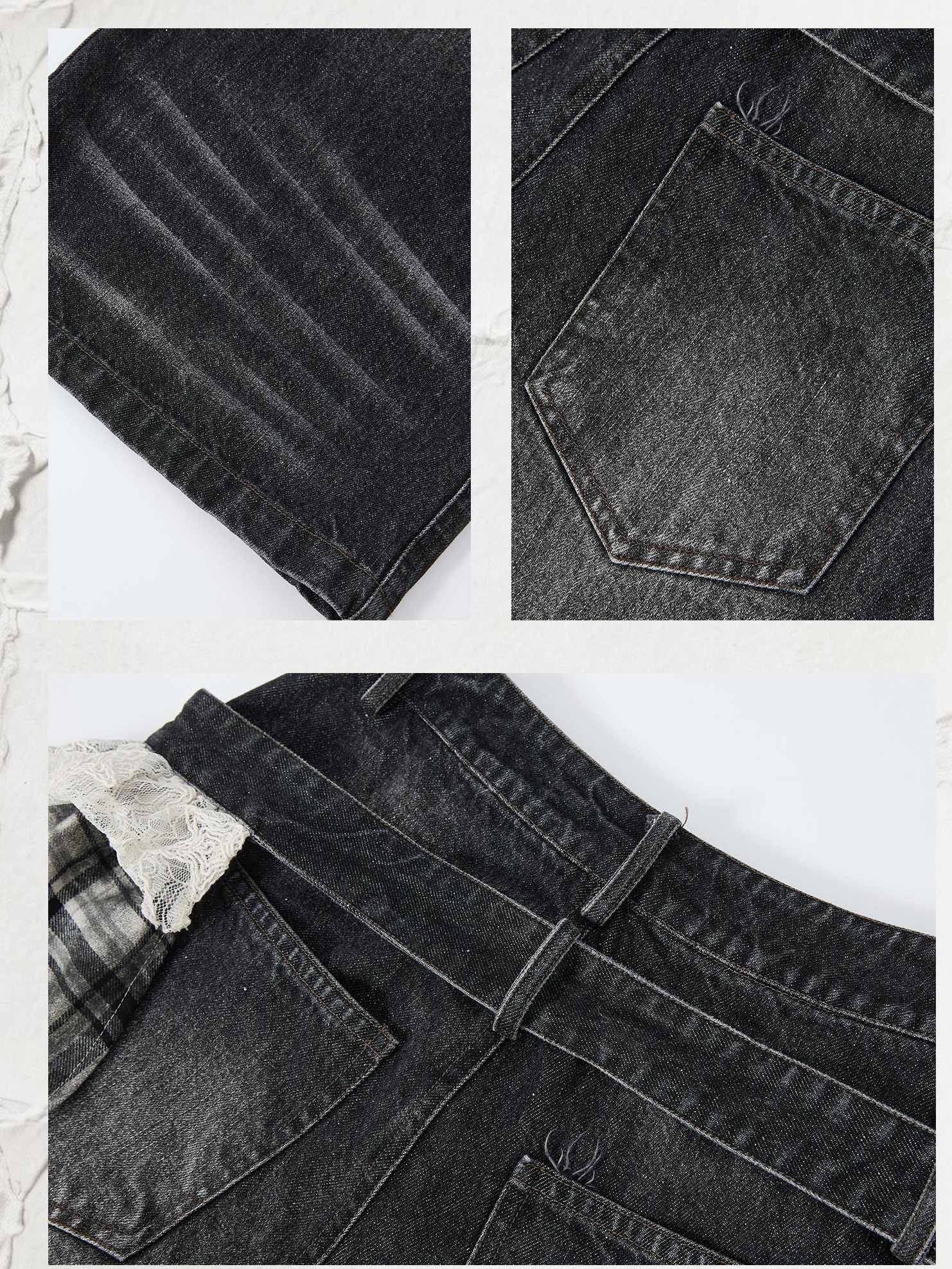 ALL iN plan 3D Embellished Casual Natural Waist Washed Denim Black Stretch Wide-Leg Jeans