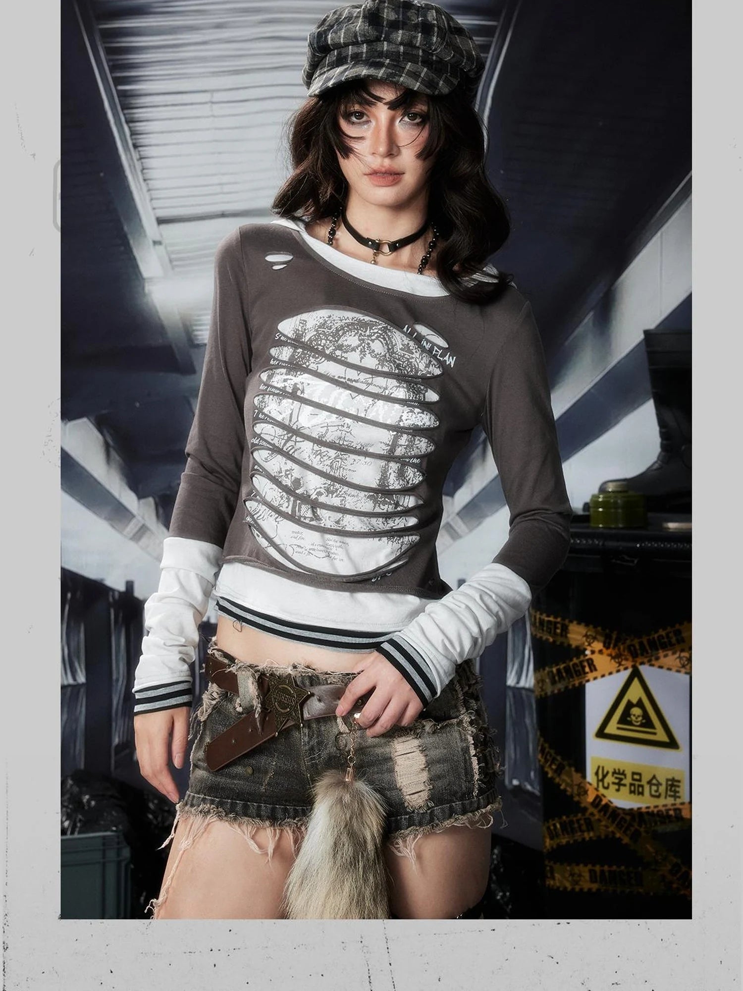 Acid Riot Distressed Stripe Print Hooded Tee