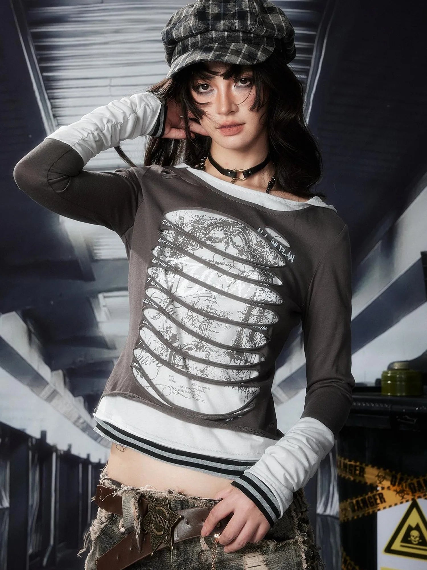 Acid Riot Distressed Stripe Print Hooded Tee