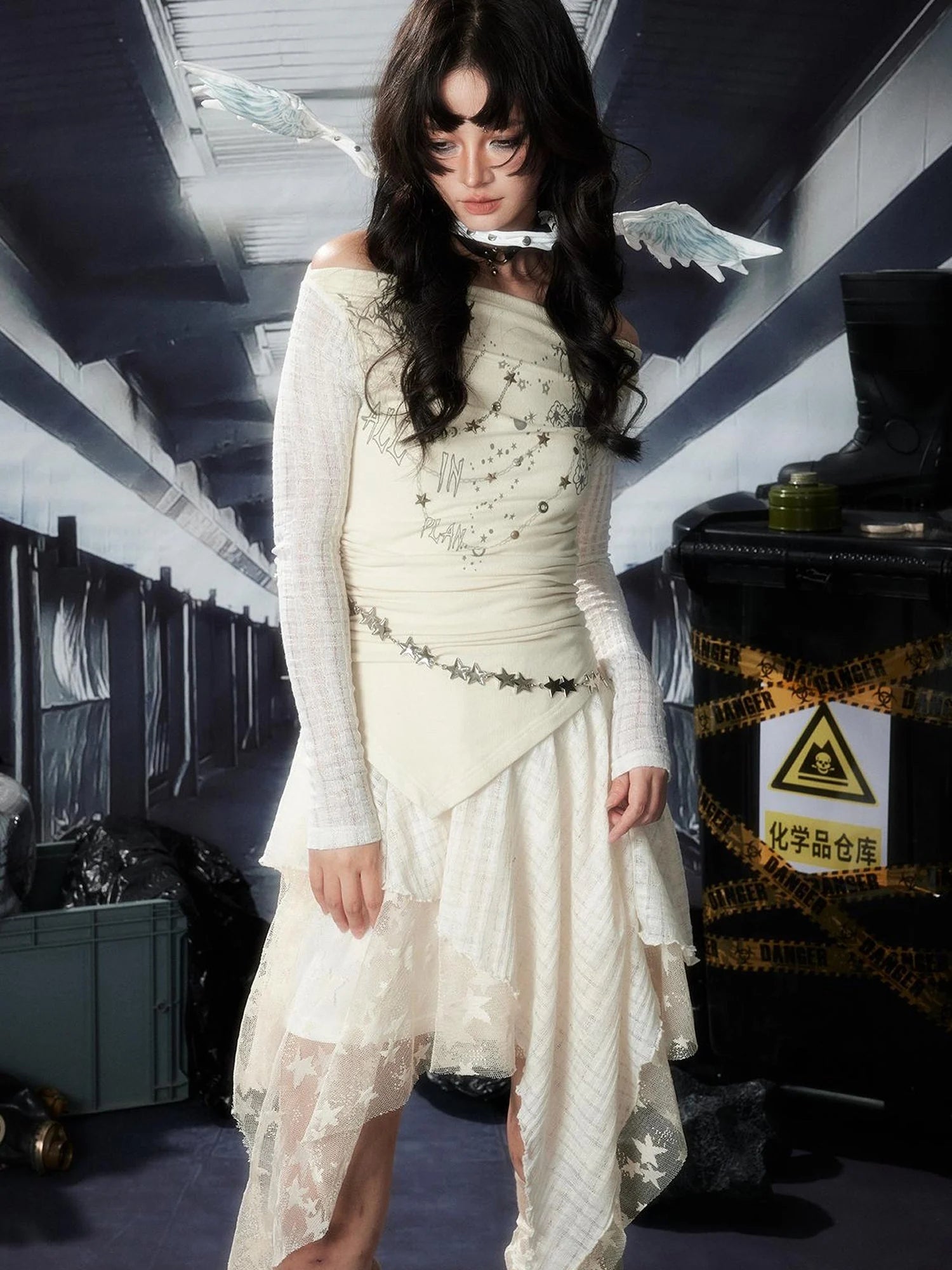 Acid Riot Lace Slit Shoulder Knit Dress