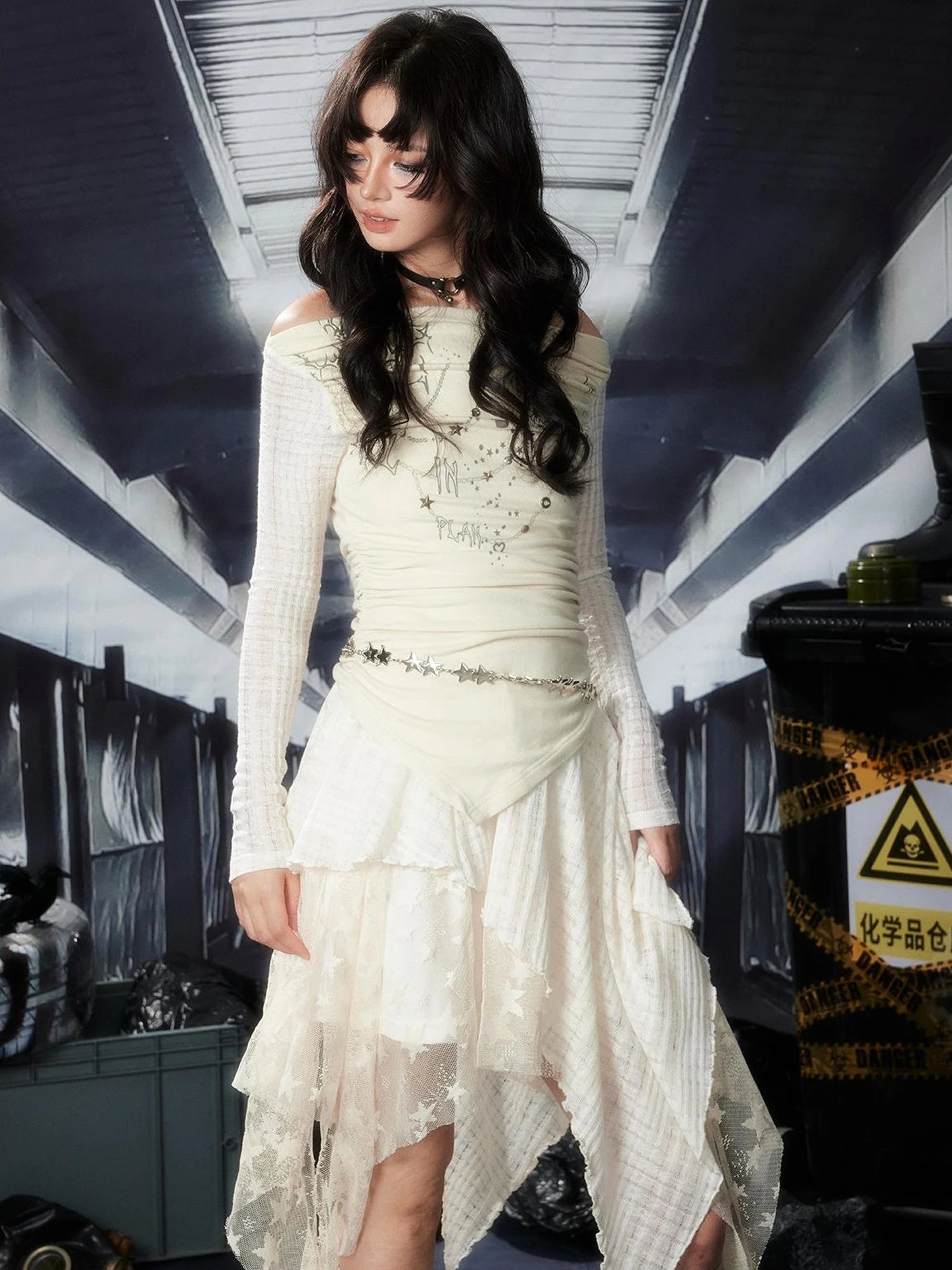 Acid Riot Lace Slit Shoulder Knit Dress