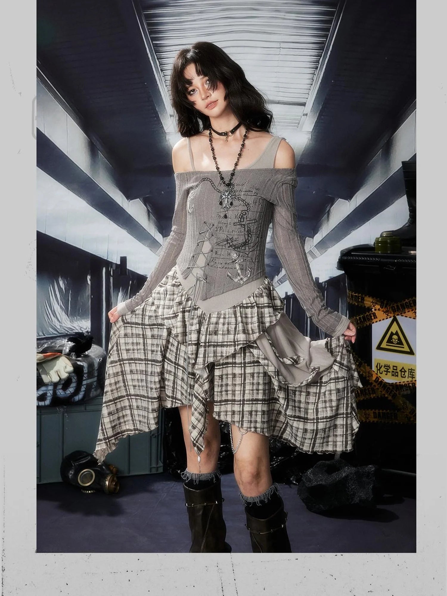 Acid Washed Asymmetrical Lace Ruffle Mini Dress