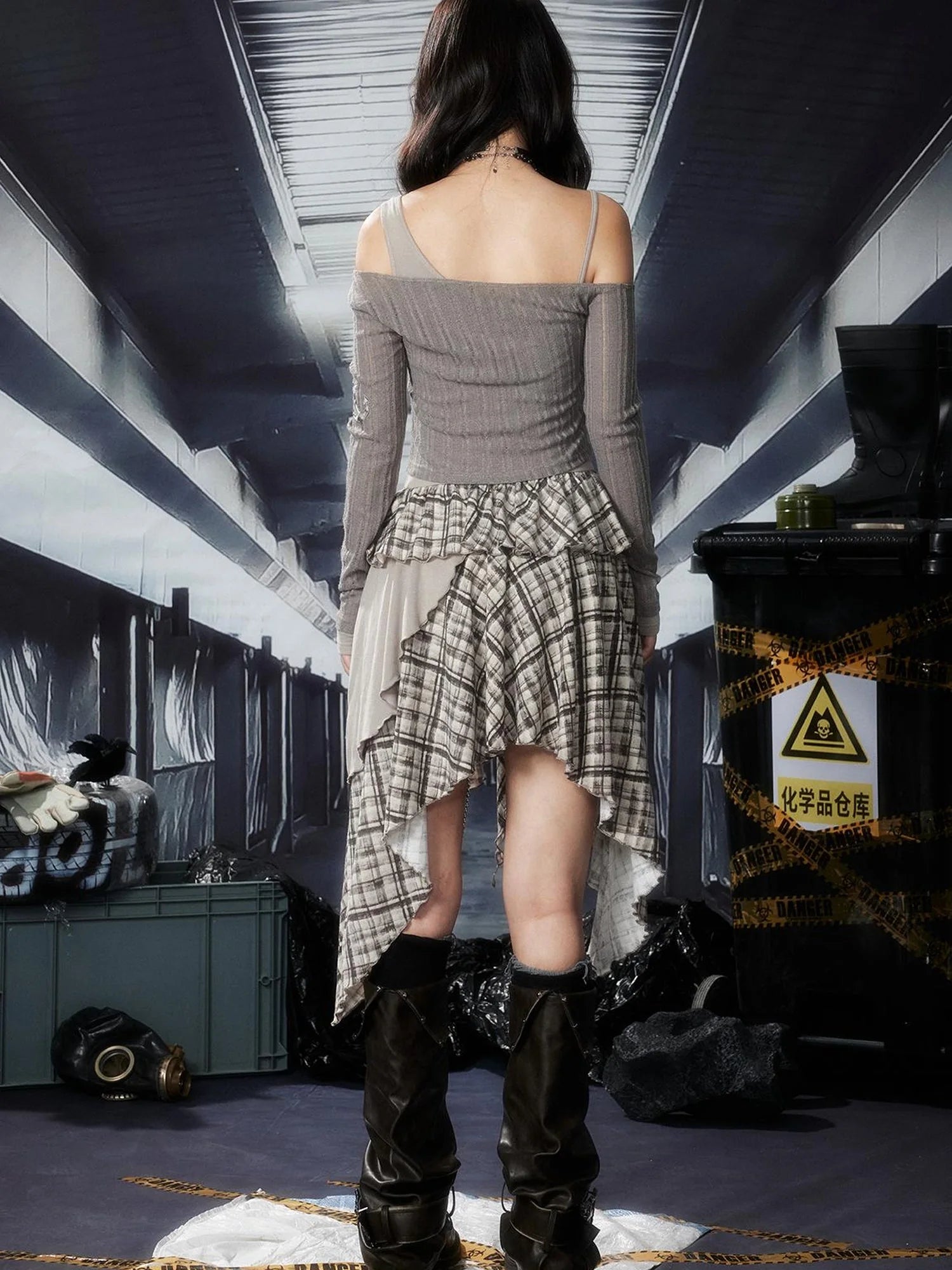 Acid Washed Asymmetrical Lace Ruffle Mini Dress